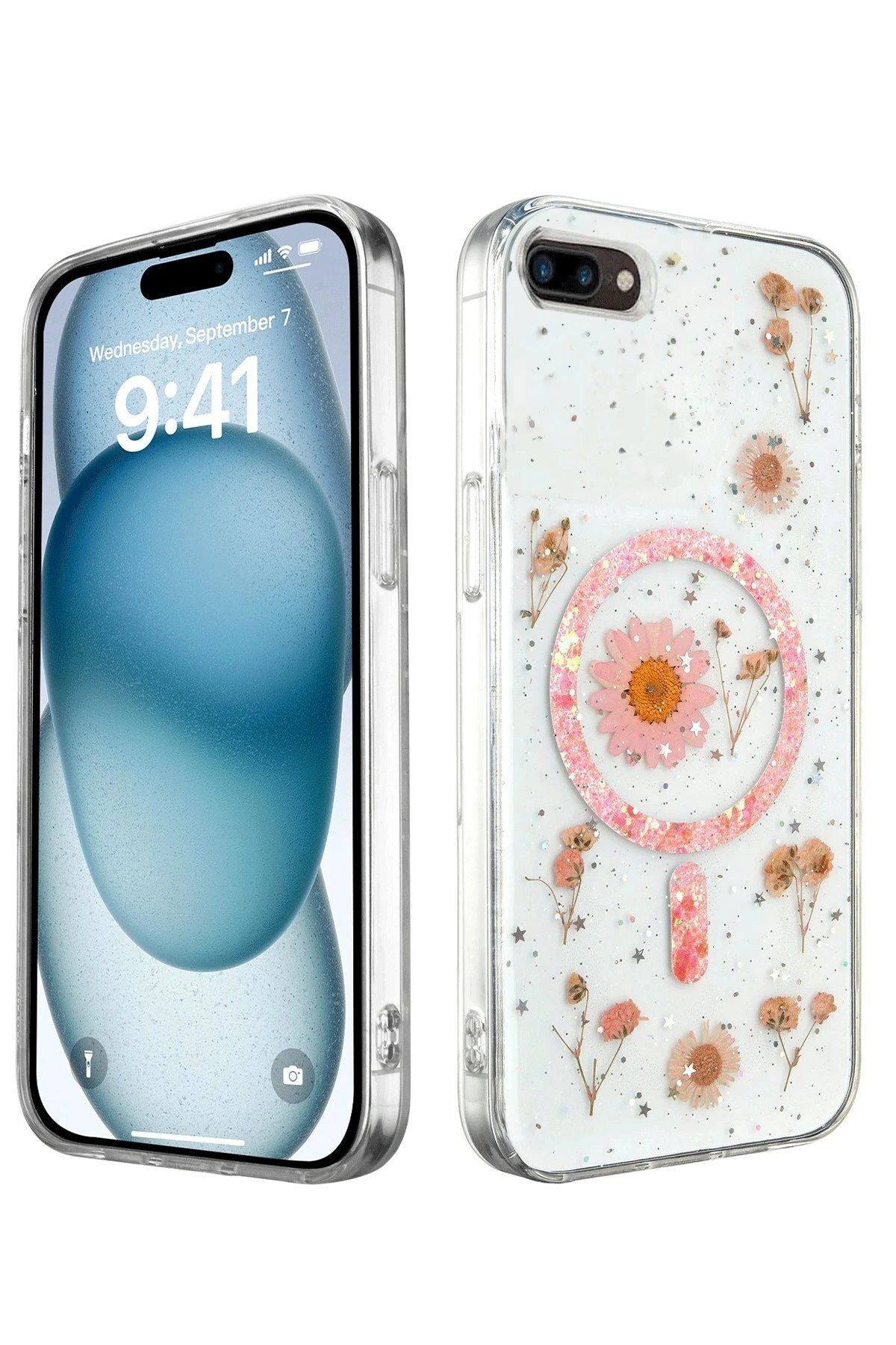 CepteToptan Newface iPhone 7 Kılıf Daisy Simli Magsafe Kapak - Pembe