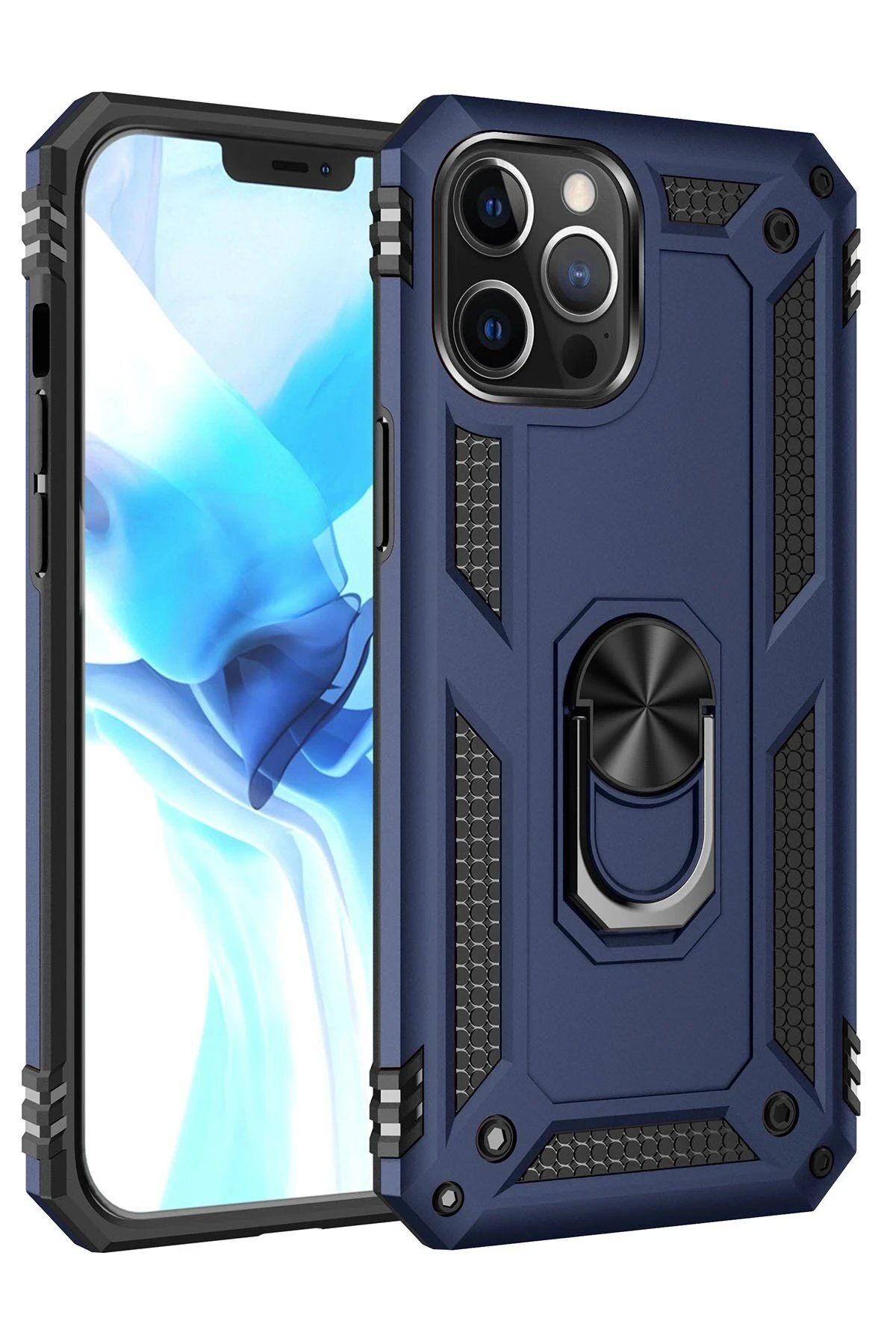 CepteToptan Newface iPhone 12 Pro Max Kılıf Sofya Yüzüklü Silikon Kapak - Lacivert