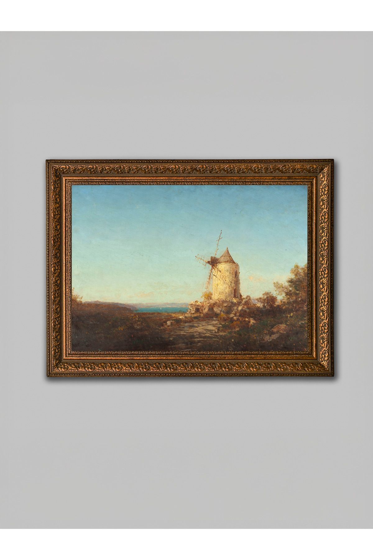 WoodyArts Yel Değirmeni ve Günbatımı - Kahverengi Eskitme Çerçeve