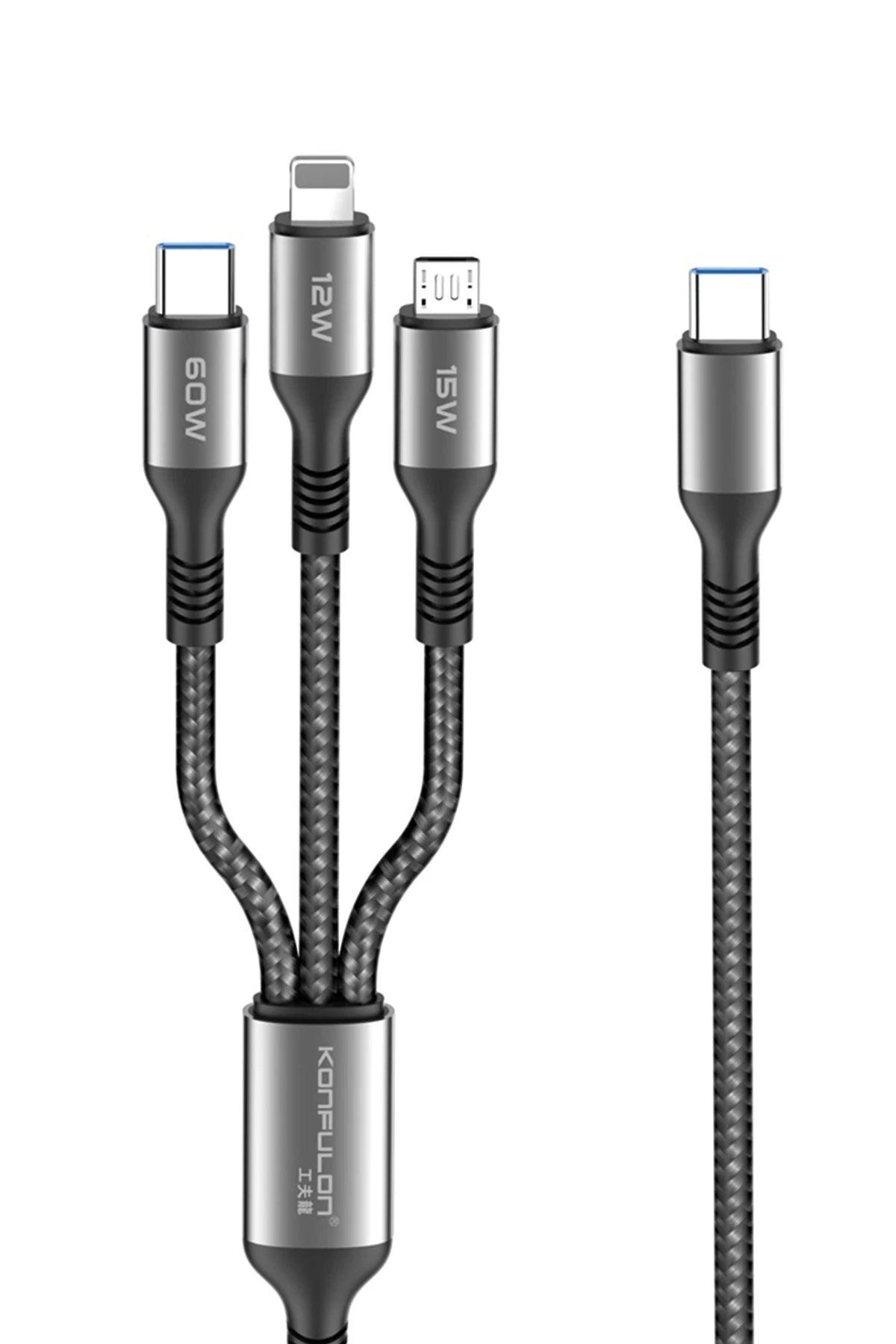 CepteToptan Konfulon DC62 3in1 Type-C to 60W Type-C / 12W Lightning / 15W Micro 1.2M Hızlı Şarj Kablo - Siyah