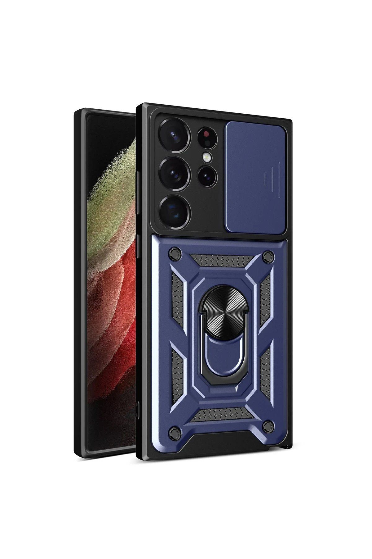 Toptan Bulurum Newface Samsung Galaxy S23 Ultra Kılıf Pars Lens Yüzüklü Silikon - Lacivert