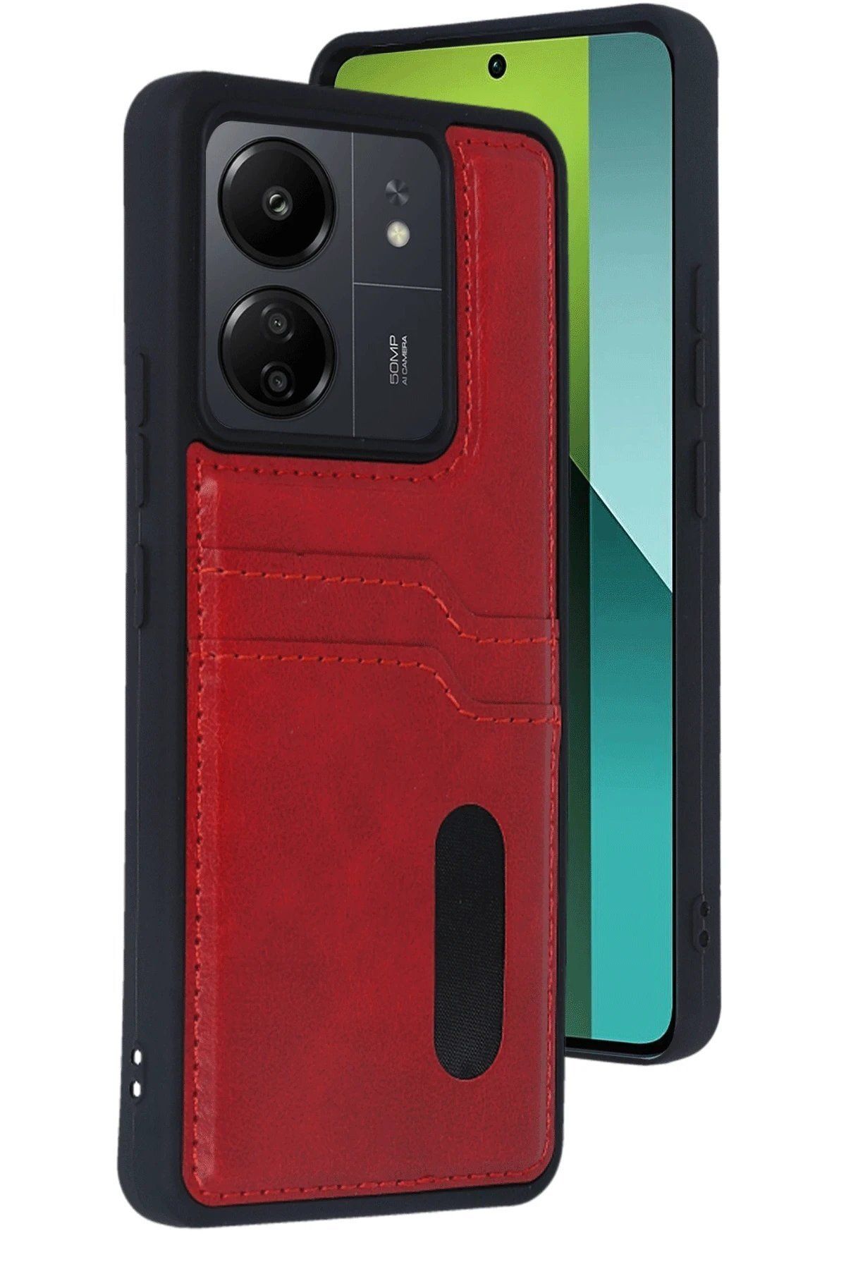 CepteToptan Newface Xiaomi Redmi 13C Kılıf Sara Kartvizitli Deri Kılıf - Kırmızı