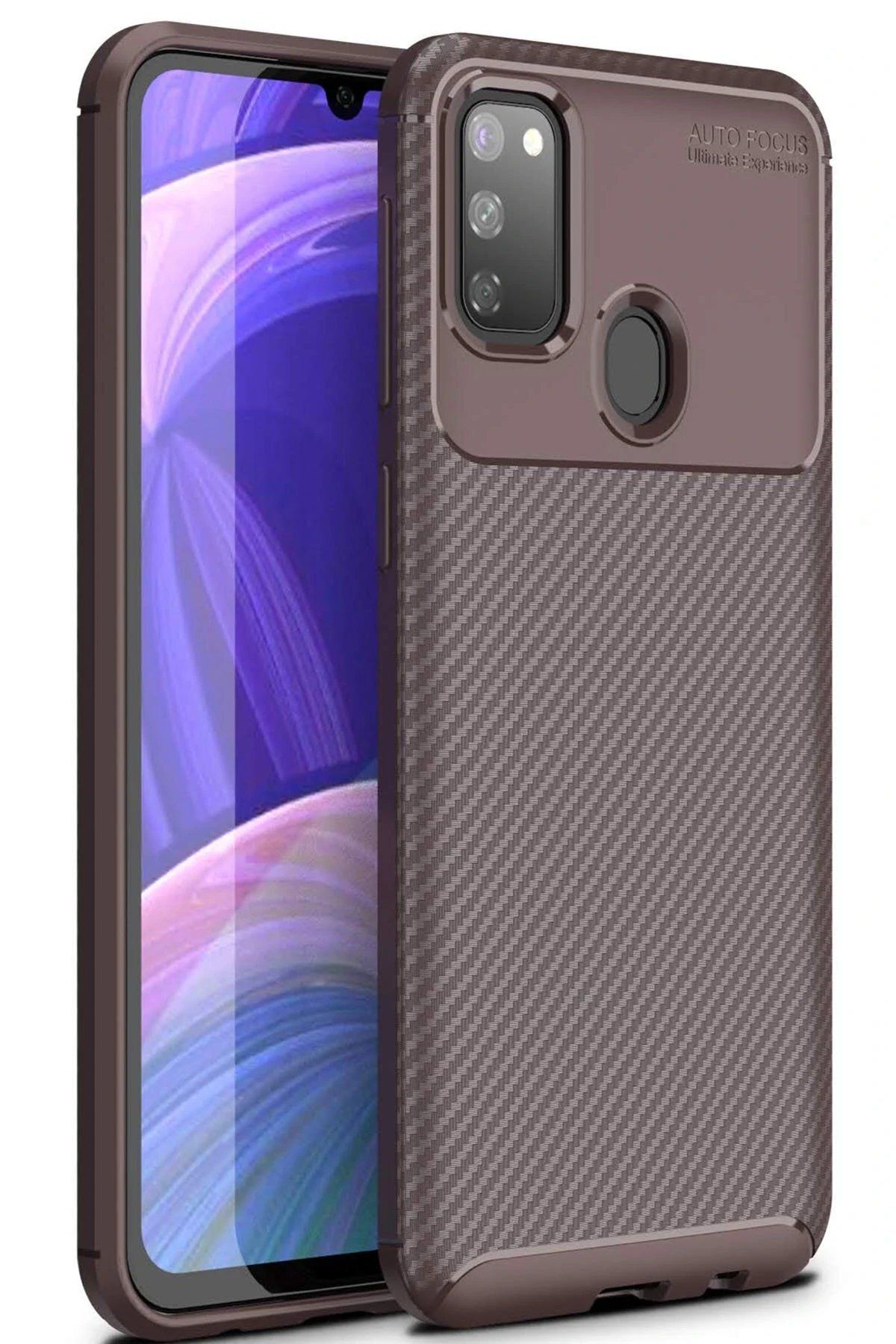 CepteToptan Newface Samsung Galaxy M30S Kılıf Auto Focus Karbon Kapak - Kahverengi