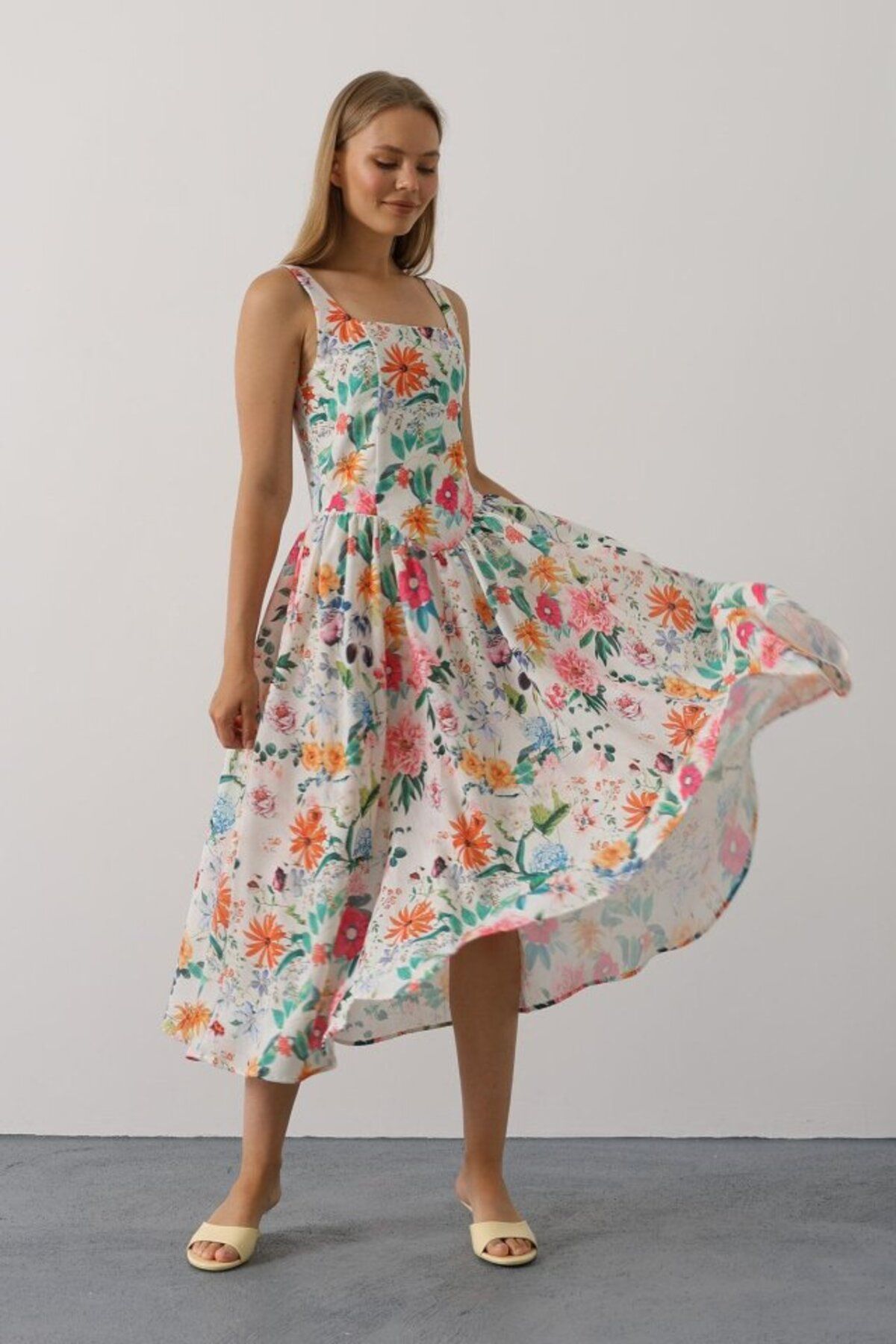 velmorafashion Çiçek Desenli Askılı Elbise - Pembe Çiçek