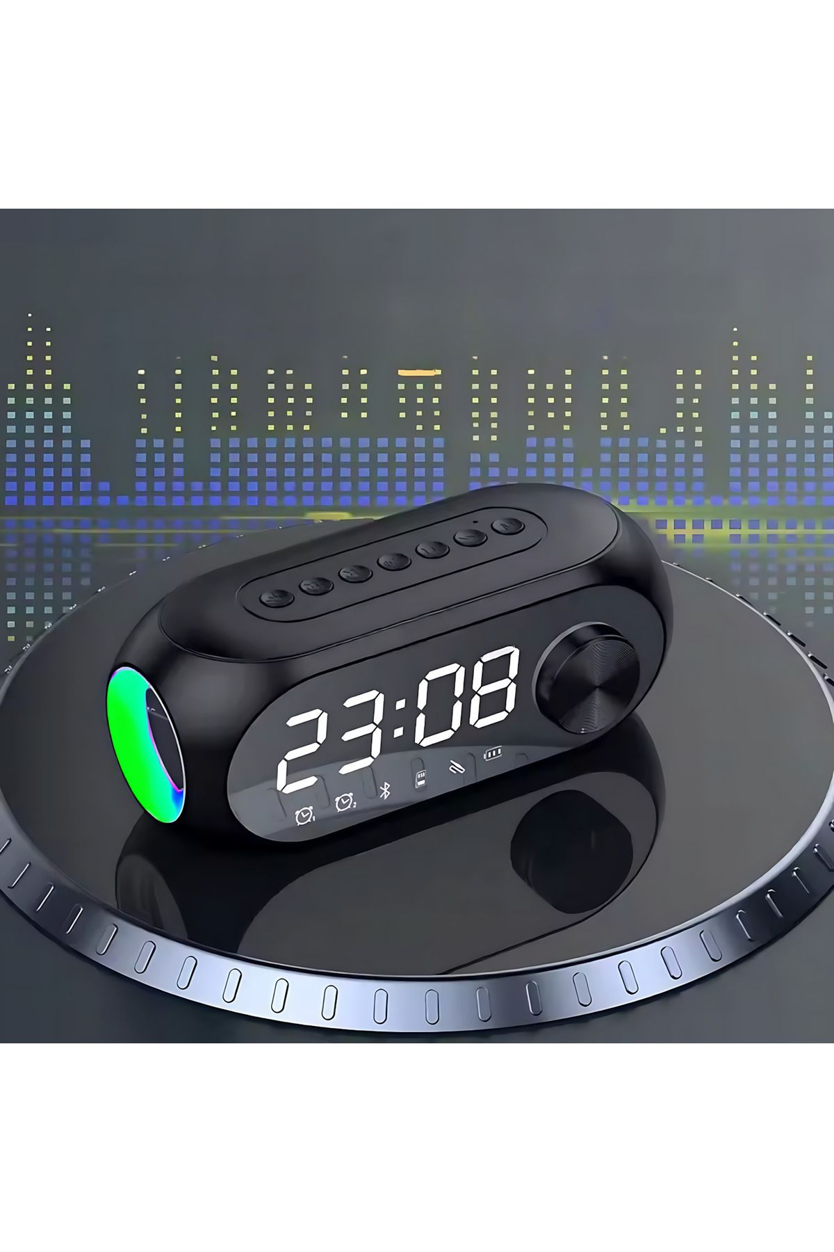 Saatistan Renkli LED Bluetooth Saat ve Çok Fonksiyonlu Hoparlör, Siyah