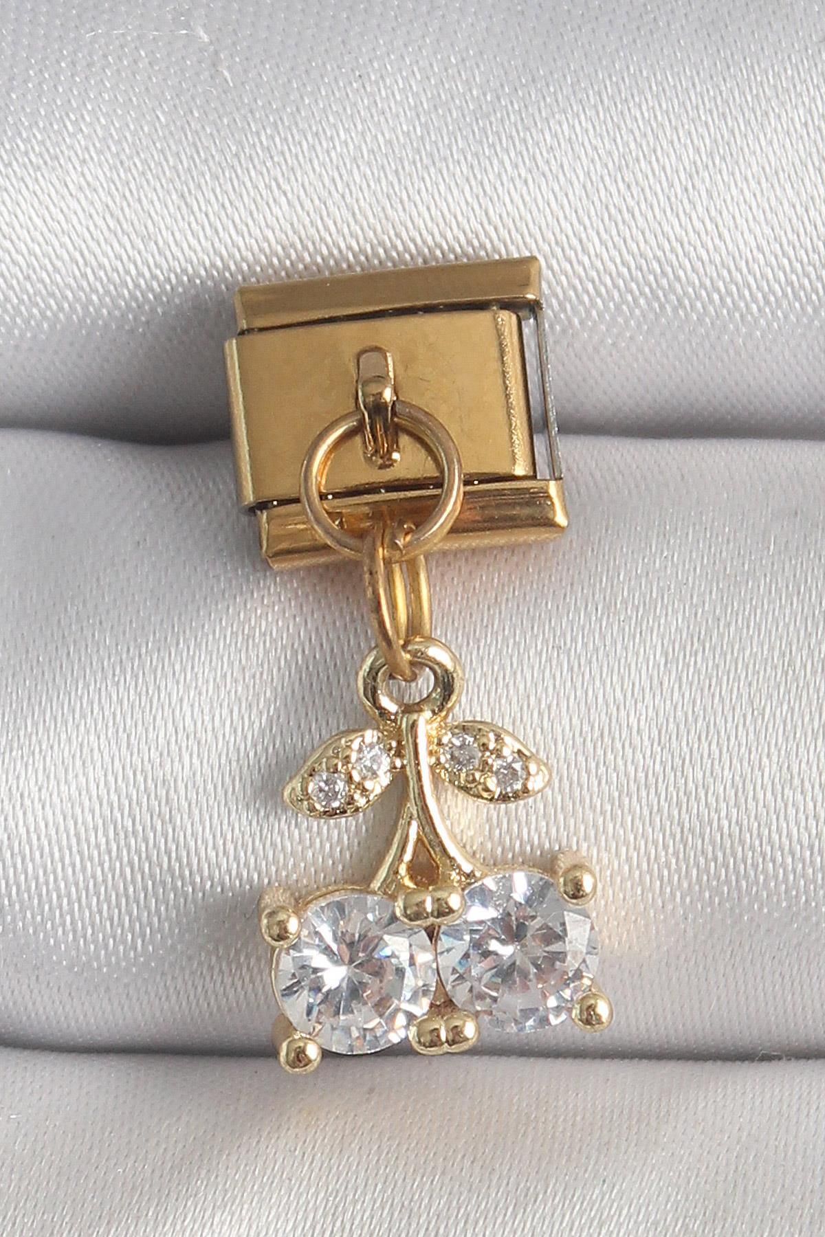 prativas 316L Çelik Gold Renk Sallantı Zirkon Taşlı Kiraz Model Nomination Charm