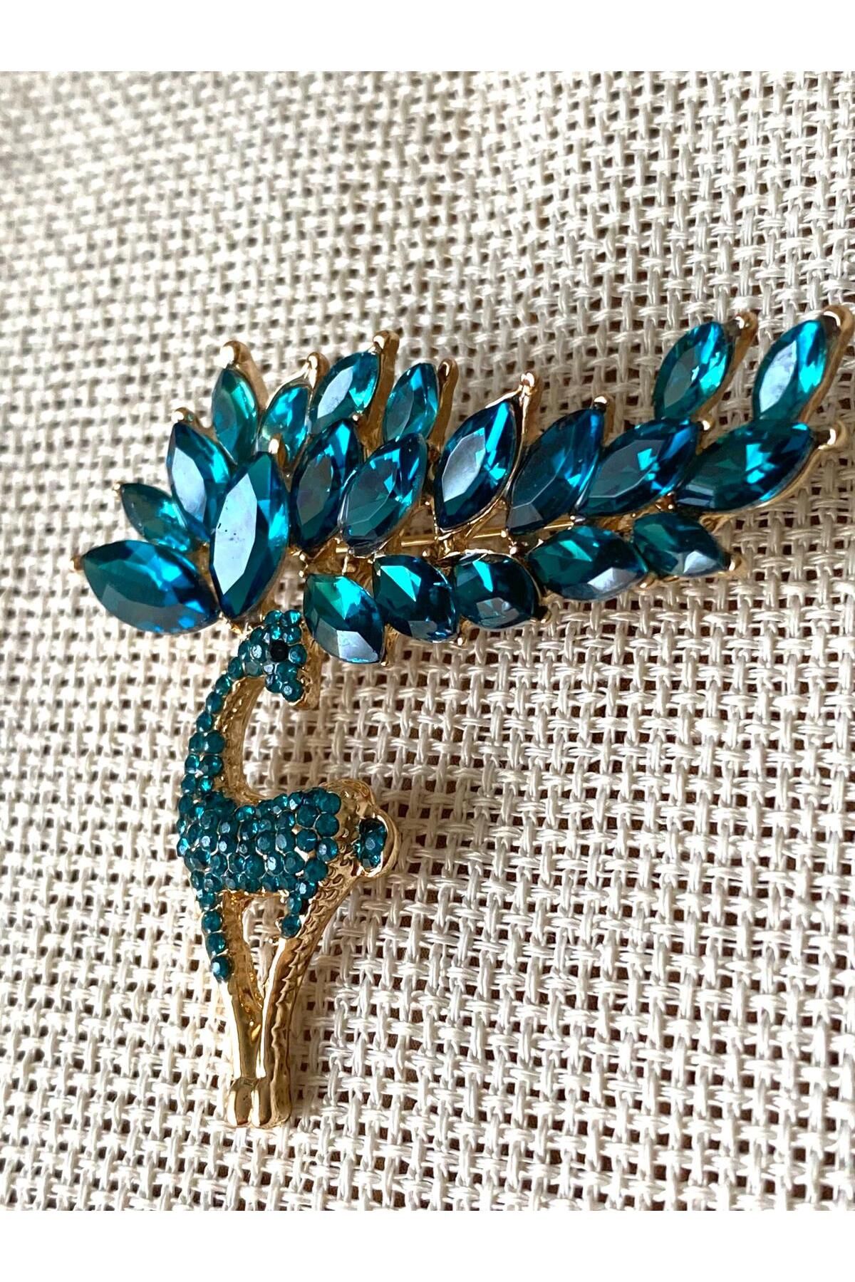 312 KONSEPT Mavi Taşlı Geyik Yaka İğnesi-Broş (5x4 Cm) 1 Adet