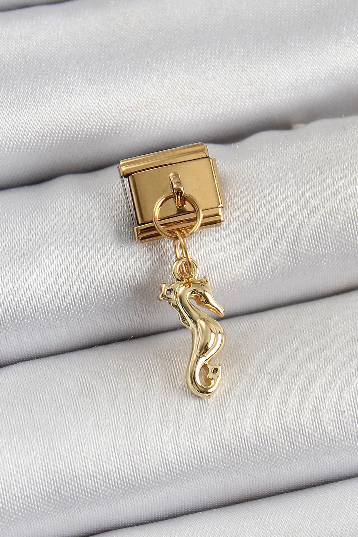 prativas 316L Çelik Sallantılı Deniz Atı Model Gold Renk Nomination Charm