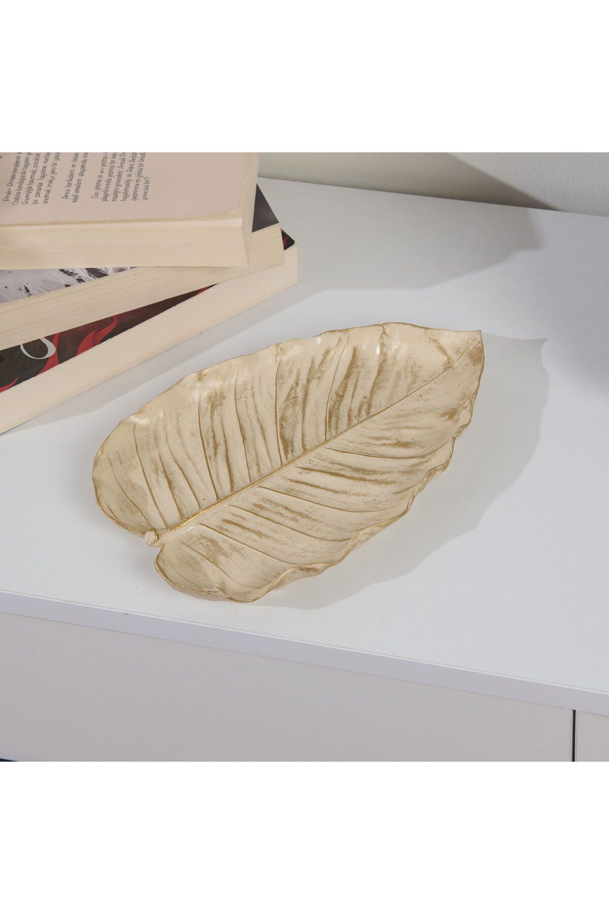 ASPARTAM Deco Leaf Dekoratif Tabak - Beyaz / Gold - 24x16 cm