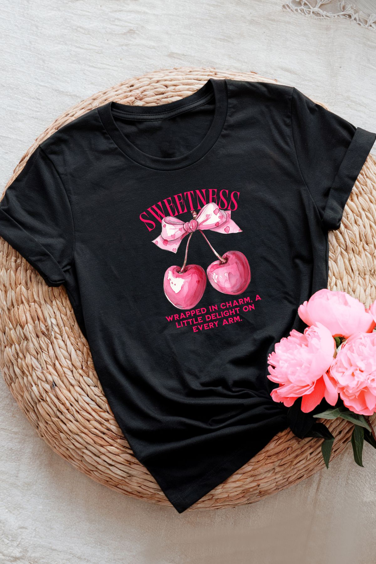 COOLE Kurdele ve Kiraz Baskılı Regular Rahat Kalıp Kadın T-Shirt