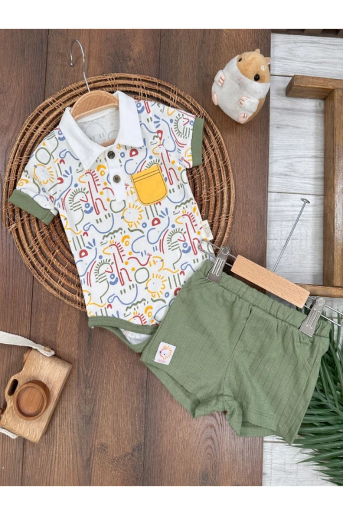 BİSCOİ babybiscoi Renkli Çizgisel Hayvan Desenli Şortlu 2'li Erkek Bebek Takım