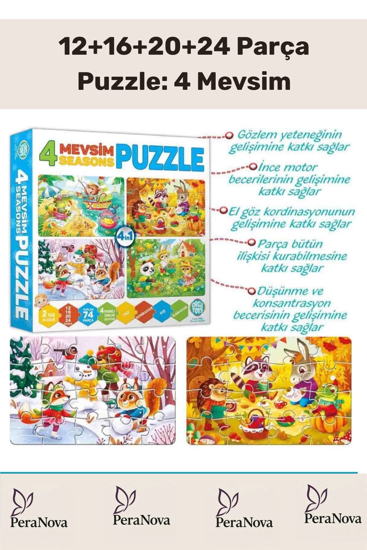 PeraNova Özel Seri Zeka Geliştirici Eğitici Çocuk 12 + 16 + 20 + 24 Parça Puzzle: 4 Mevsim