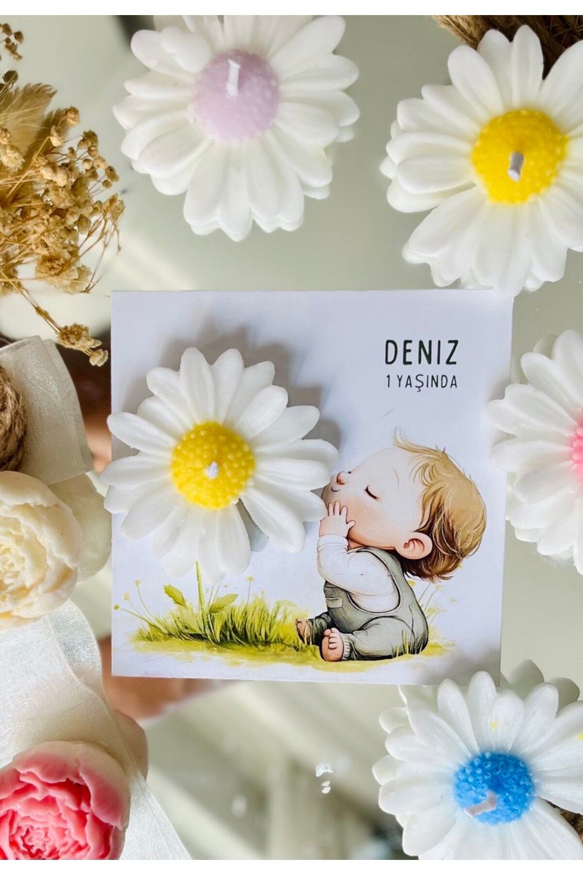 GUGES 10 Adet Özel Tasarlanmış Kart Ve Papatya Mum. Bebek Doğum, Babyshower, Doğum Günü, Hediyelik