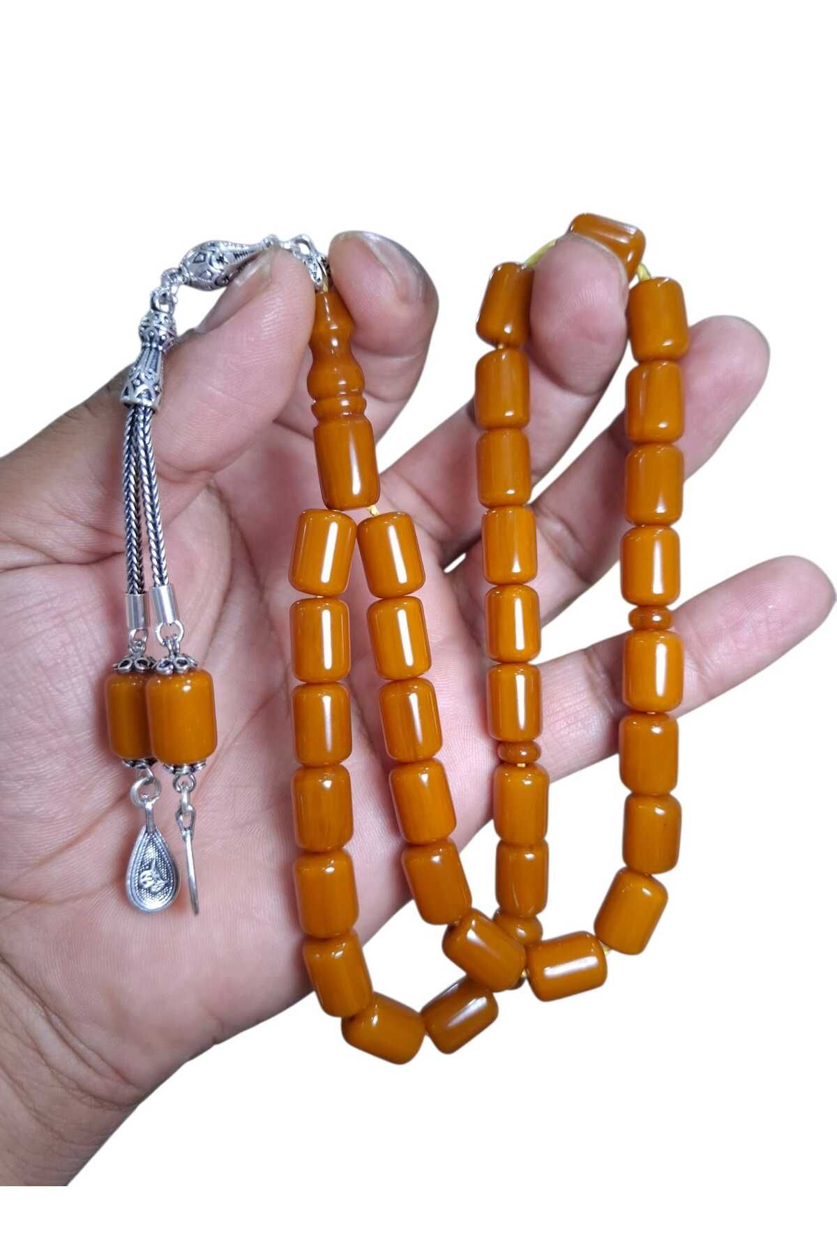 Cekke Tesbih Dik Damar Sıkma Kehribar 9*13 mm 5.5 Gr Gümüş Püsküllü Günlük Tesbih