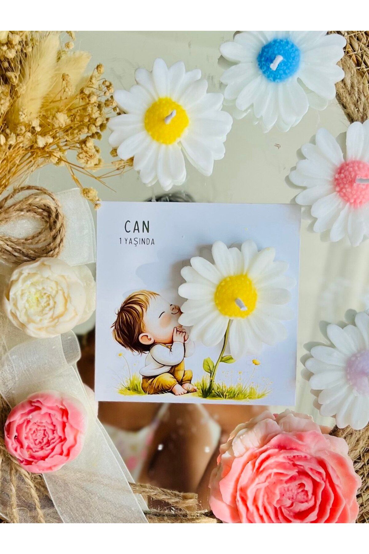 GUGES 10 Adet Özel Tasarlanmış Kart Ve Papatya Mum. Bebek Doğum, Babyshower, Doğum Günü, Hediyelik