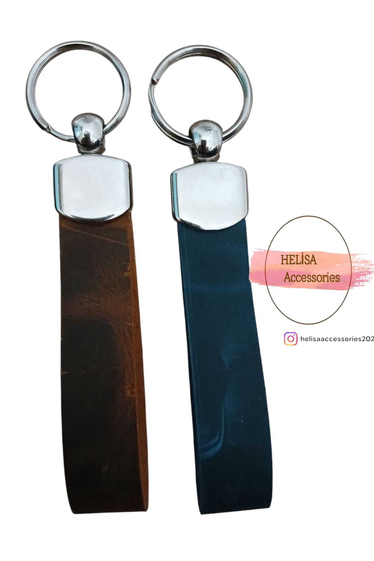 HELİSA ACCESSORİES HAKİKİ DERİ 2'Lİ MAVİ VE KAHVERENGİ GÜMÜŞ APARATLI ANAHTARLIK