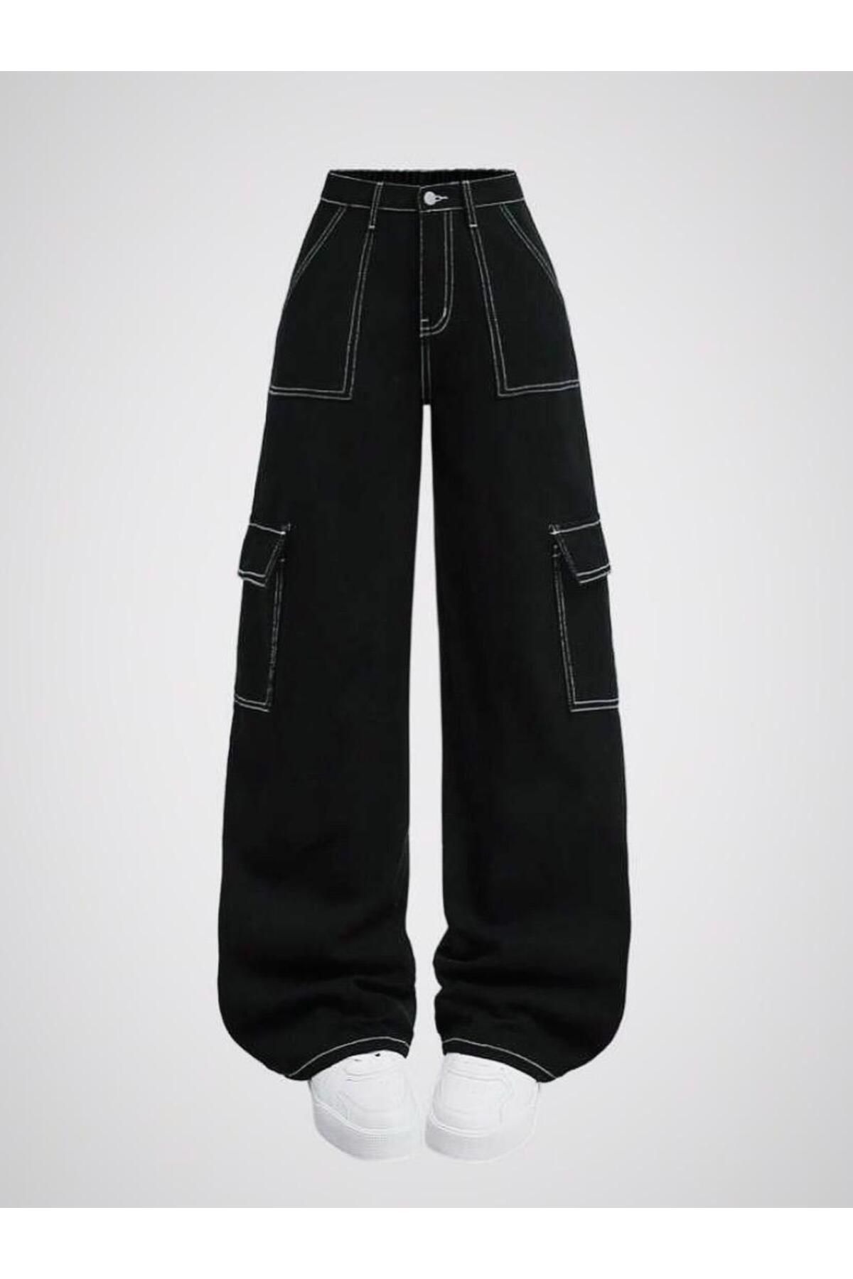 KOTOLOG Unisex Bol Paça Beyaz Dikişli Kargo Cep Pantolon