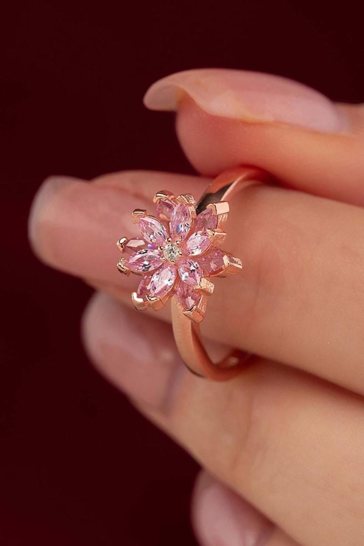 carrot silver 925 Ayar Gümüş Pembe Taşlı Lotus Çiçeği Yüzük Ayarlanabilir -Rose Renk