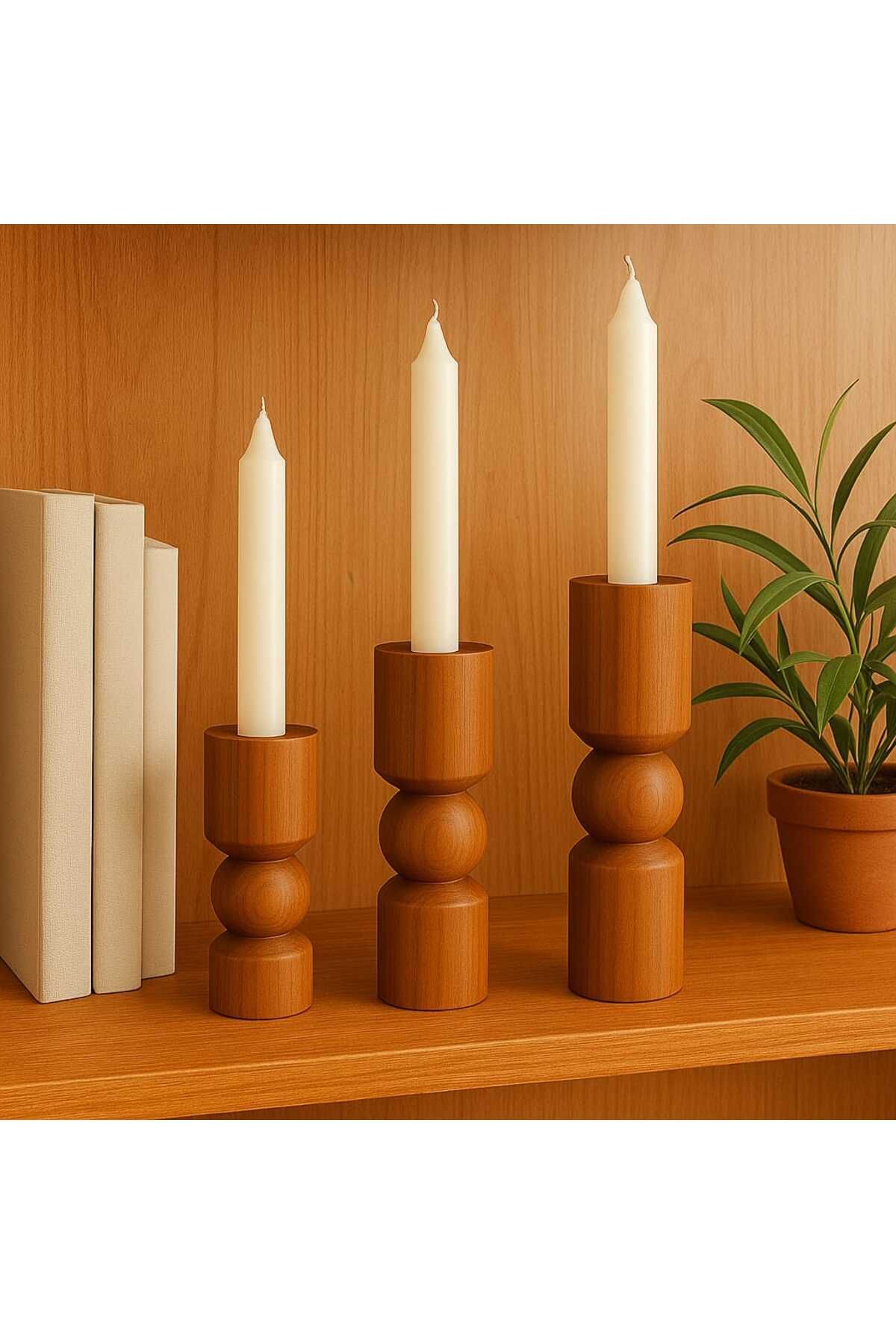 mebaconcept Doğal Ahşap Tik Renk Şamdan Seti 17.5cm & 15cm & 12.5 , El Yapımı, Rustik Dekoratif 3'lü Mumluk