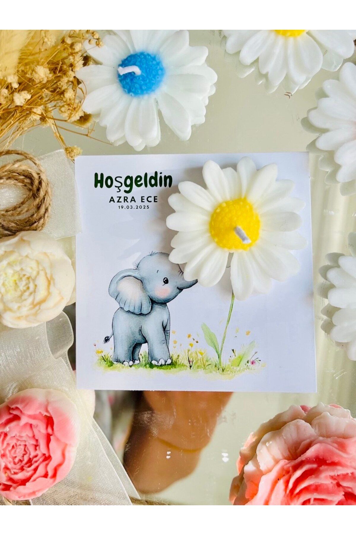 GUGES 10 Adet Özel Tasarlanmış Kart Ve Papatya Mum. Bebek Doğum, Babyshower, Doğum Günü, Hediyelik
