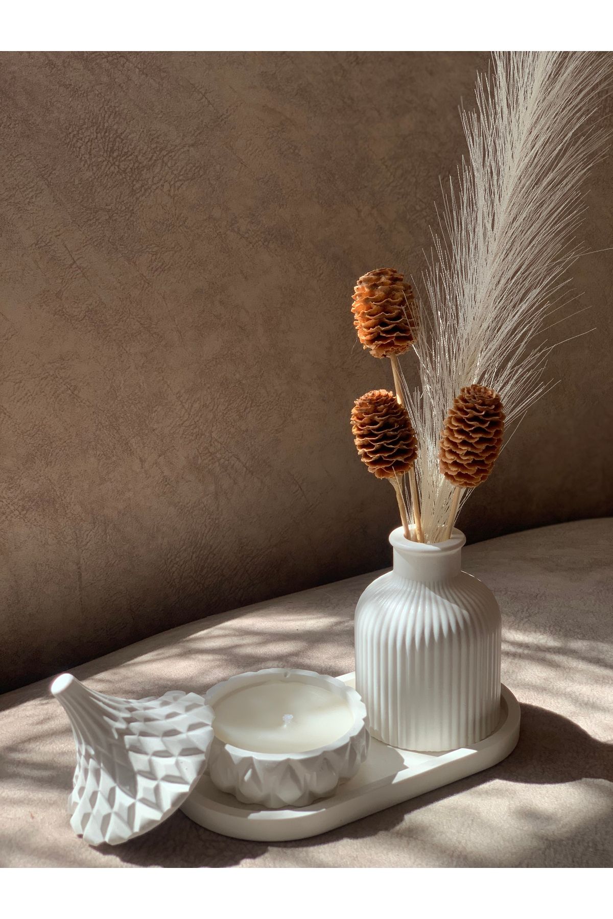 shop Dekoratif Kokulu Mum ve Kurutulmuş Çiçekli Vazo Seti | Minimalist Ev Dekoru