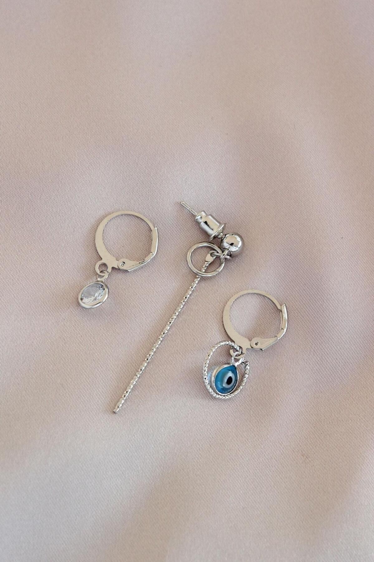 AfraBeauty 925 Ayar Paslanmaz Çelik Silver Nazar Boncuklu Metal Küpe Seti