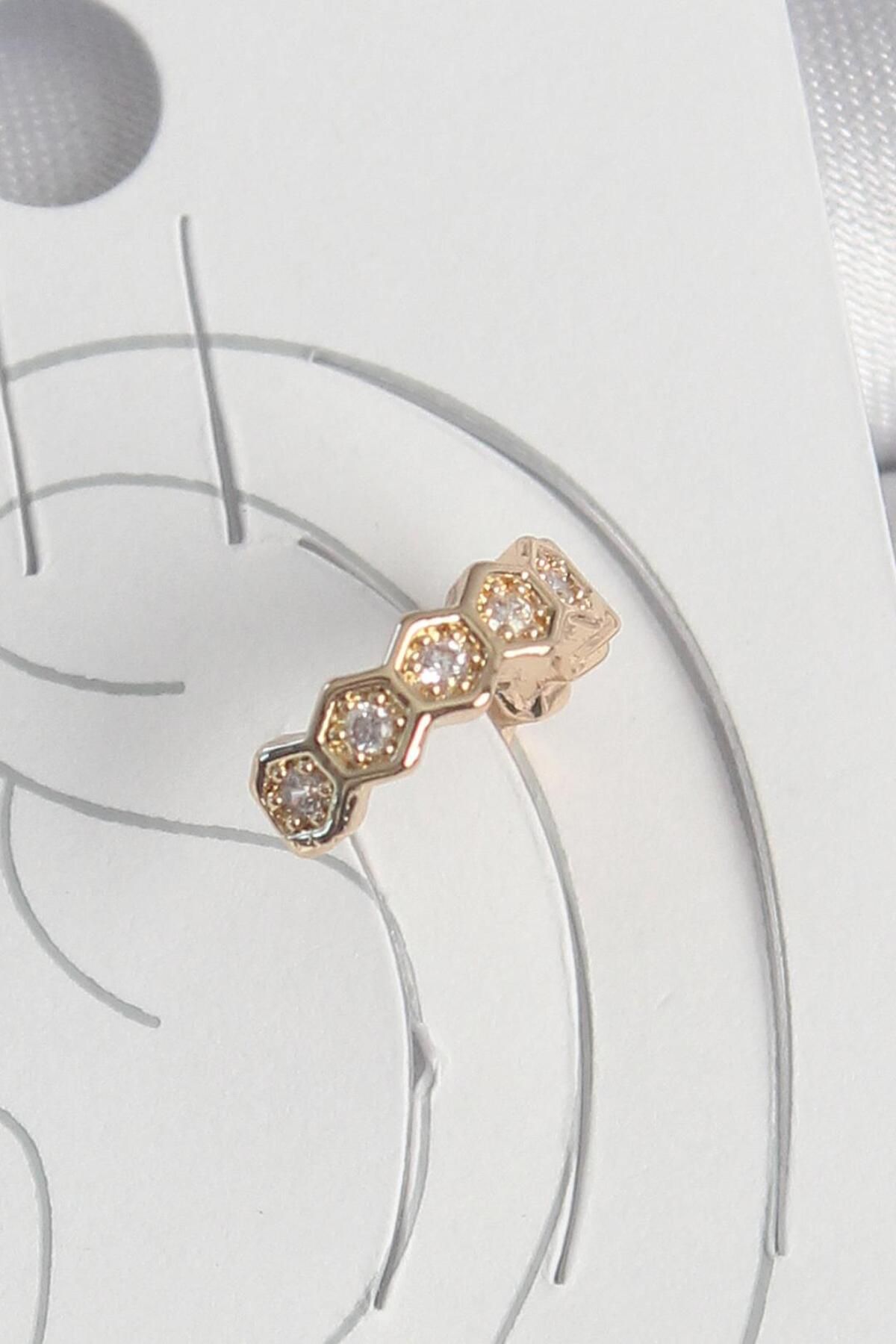 AfraBeauty 925 Ayar Paslanmaz Çelik Gold Zirkon Taşlı Bal Peteği Model Kadın Kıkırdak Küpe
