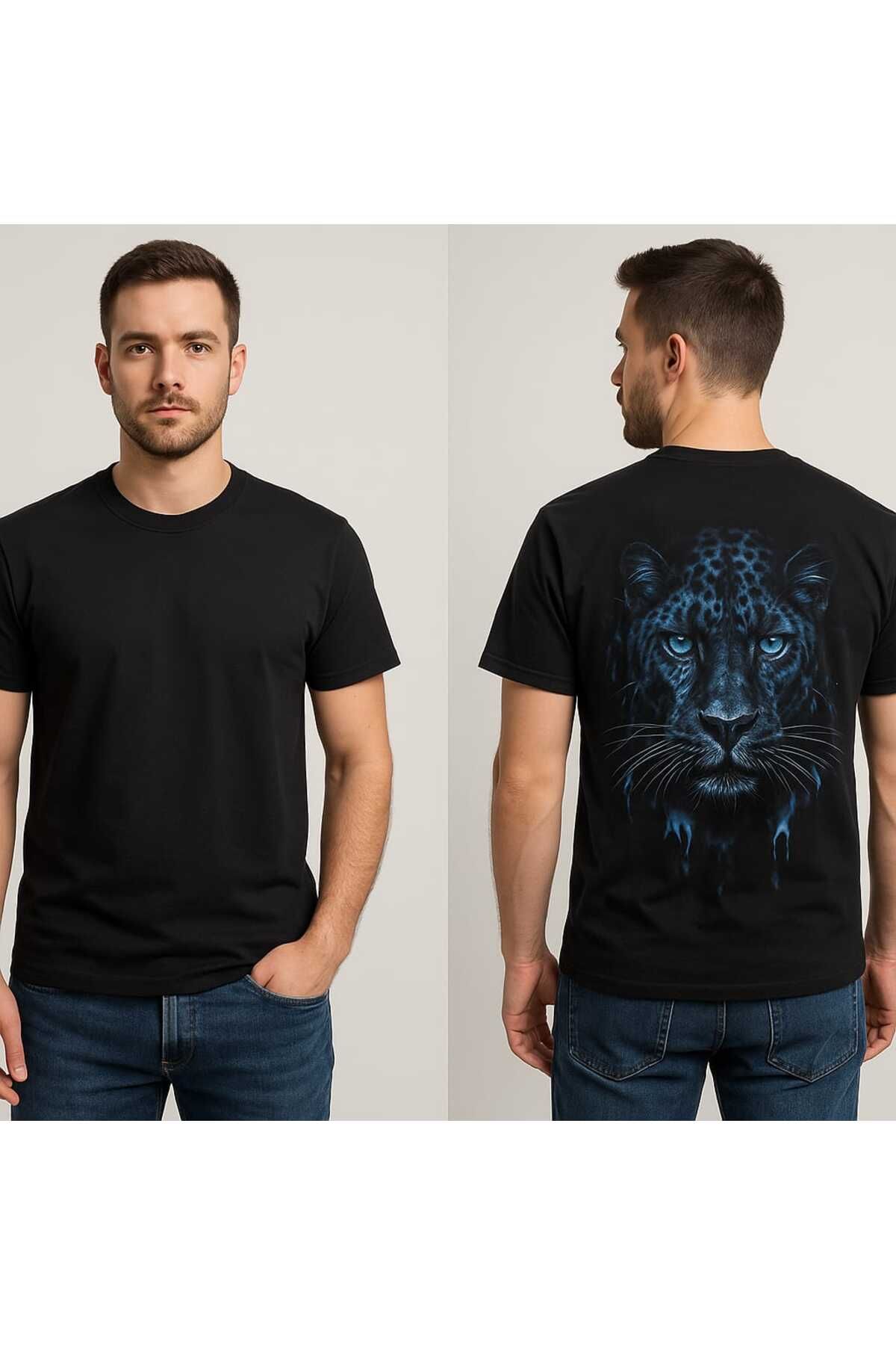 Moda Tuğram Siyah Kaplan Baskılı Erkek Tshirt