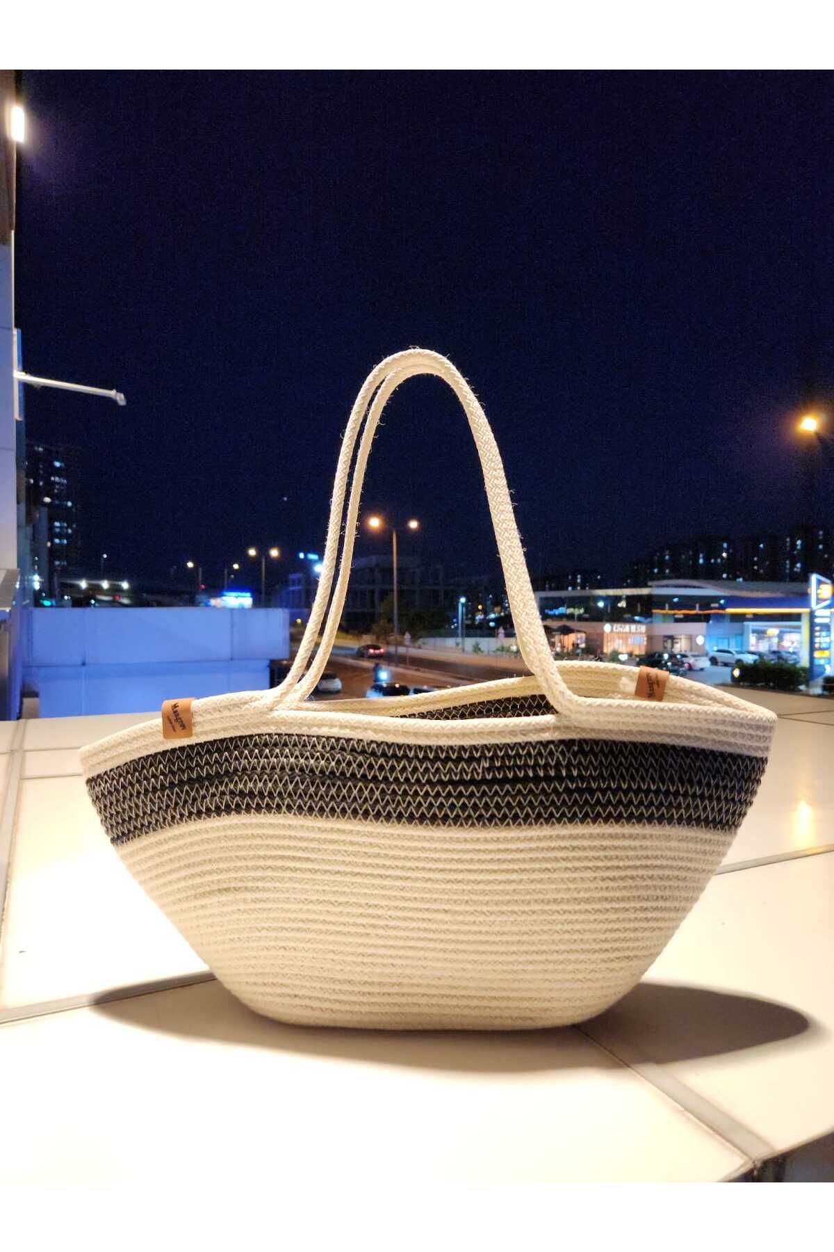 mahaz Krem Siyah Plaj Çantası