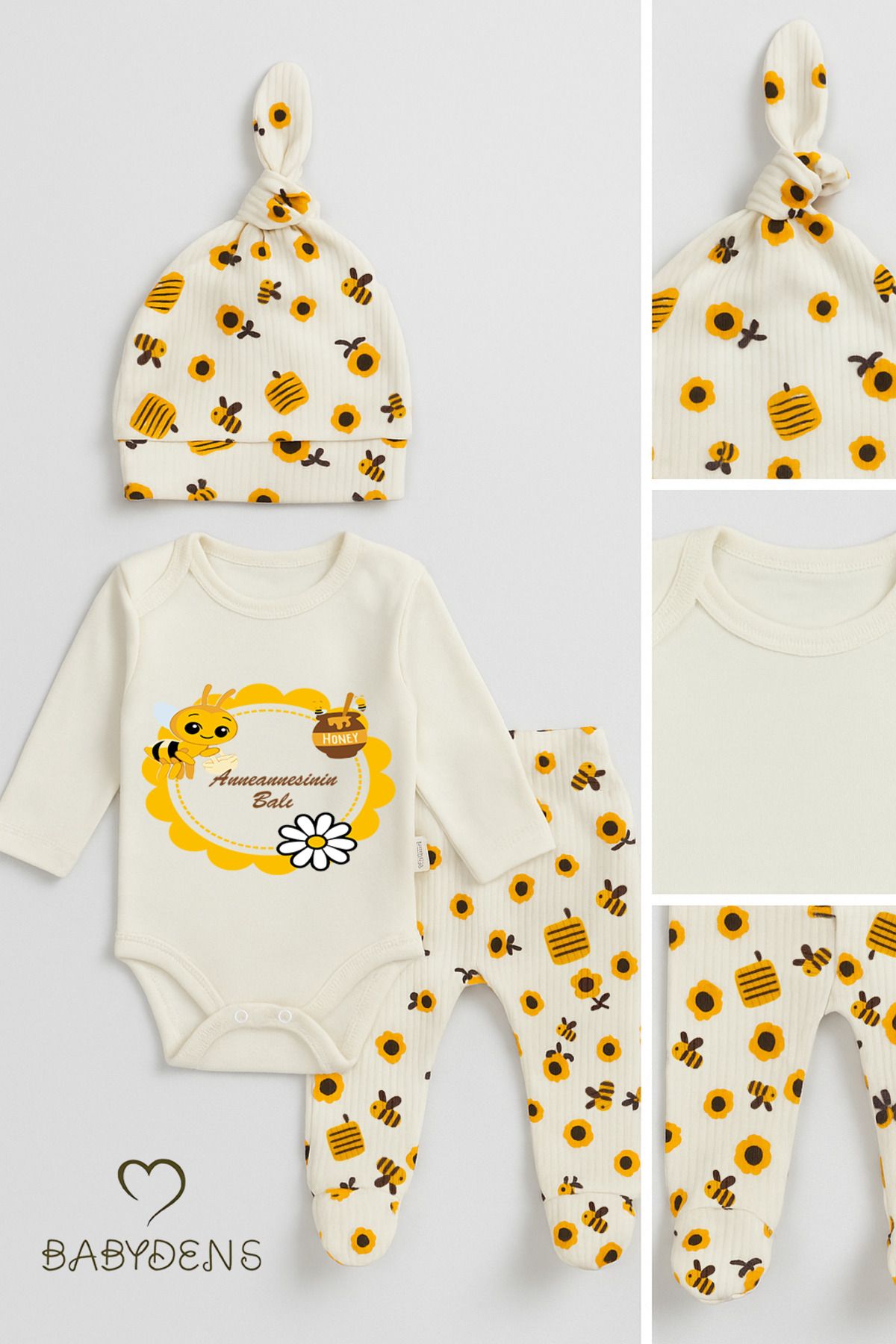 BABYDEN'S Anneannesinin Balı Yazılı 3lü Yenidoğan Takımı Arı Desenli Patikli Alt,Bere,Çıtçıtlı Uzun Kollu Body