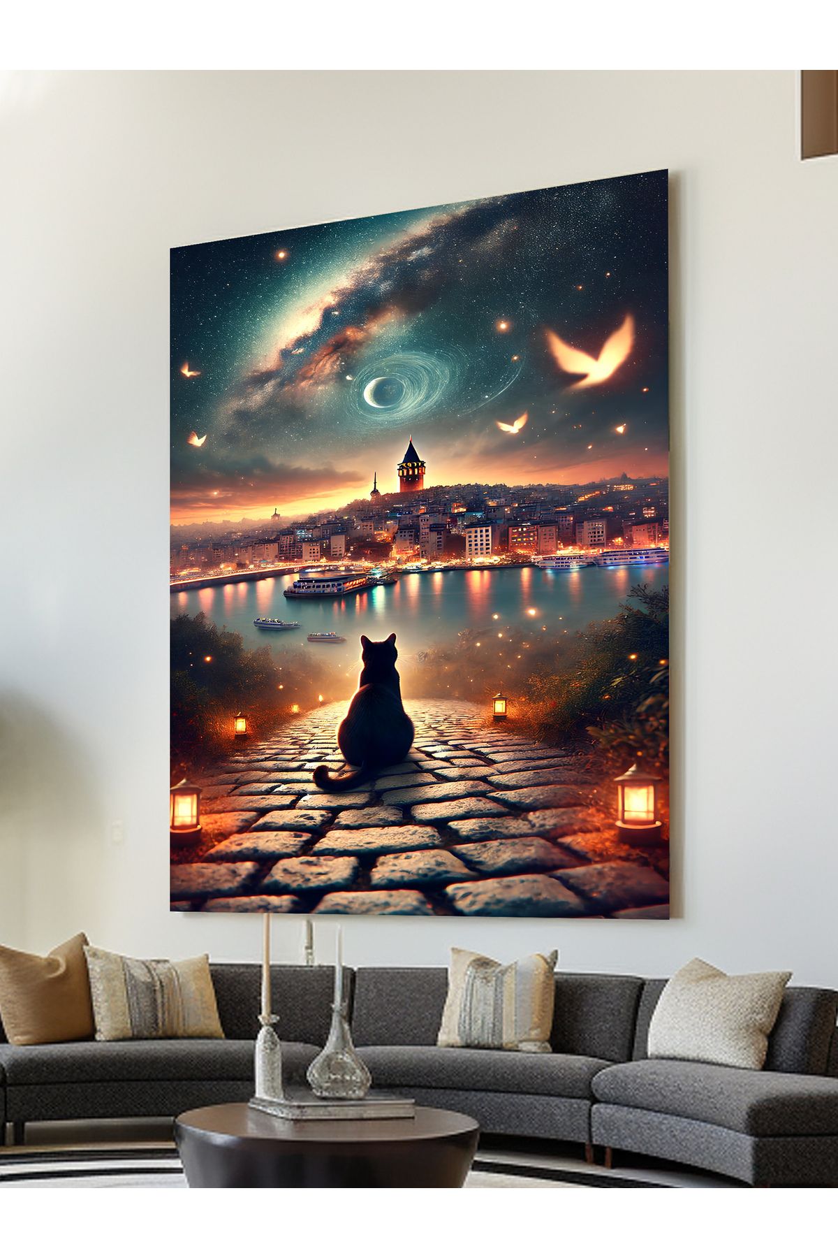 ESLEM İSTANBUL MANZARALI KEDİ TABLO
