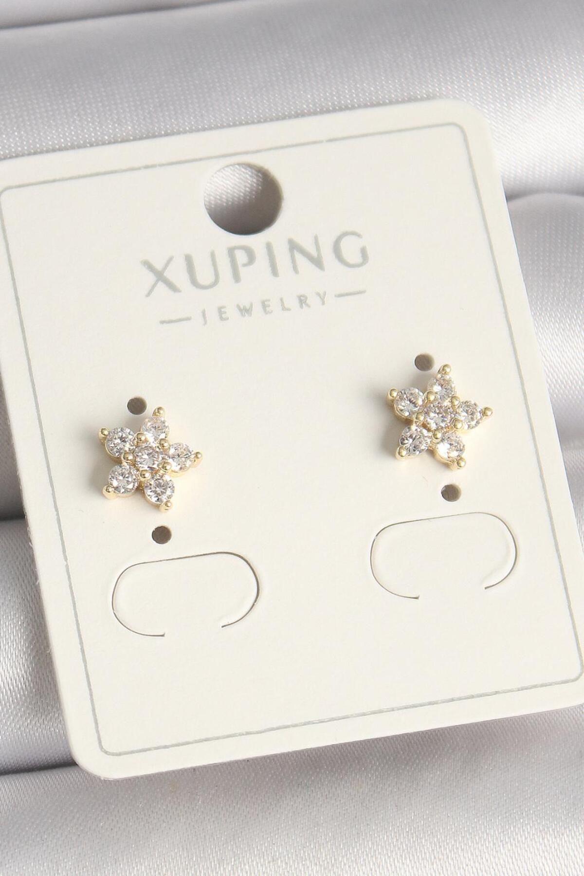 AfraBeauty 925 Ayar Paslanmaz Çelik Gold Zirkon Taşlı Çiçek Model Xuping Kadın Küpe