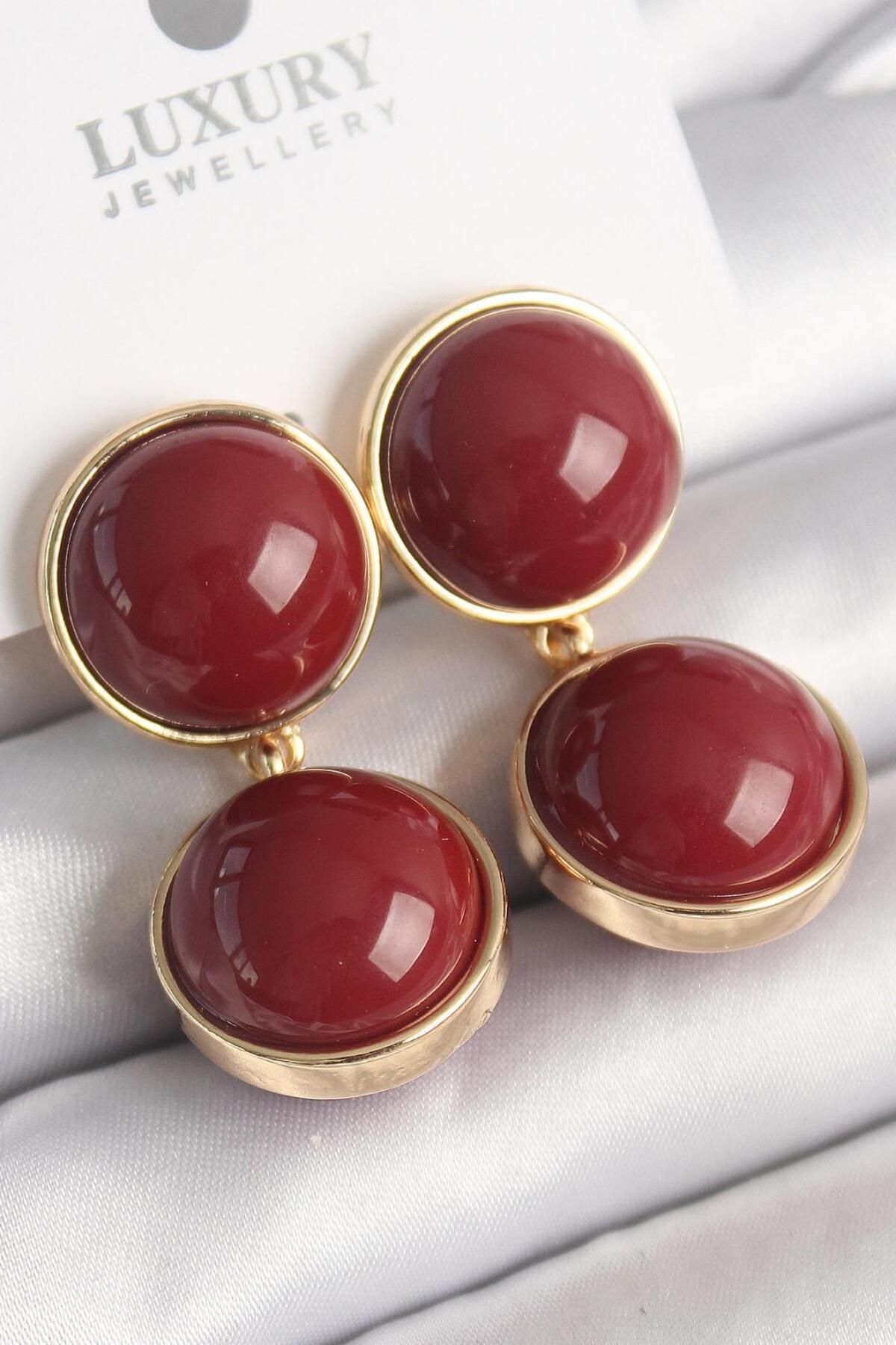 AfraBeauty 925 Ayar Paslanmaz Çelik Gold Sallantı Bordo Daire Model Kadın Küpe