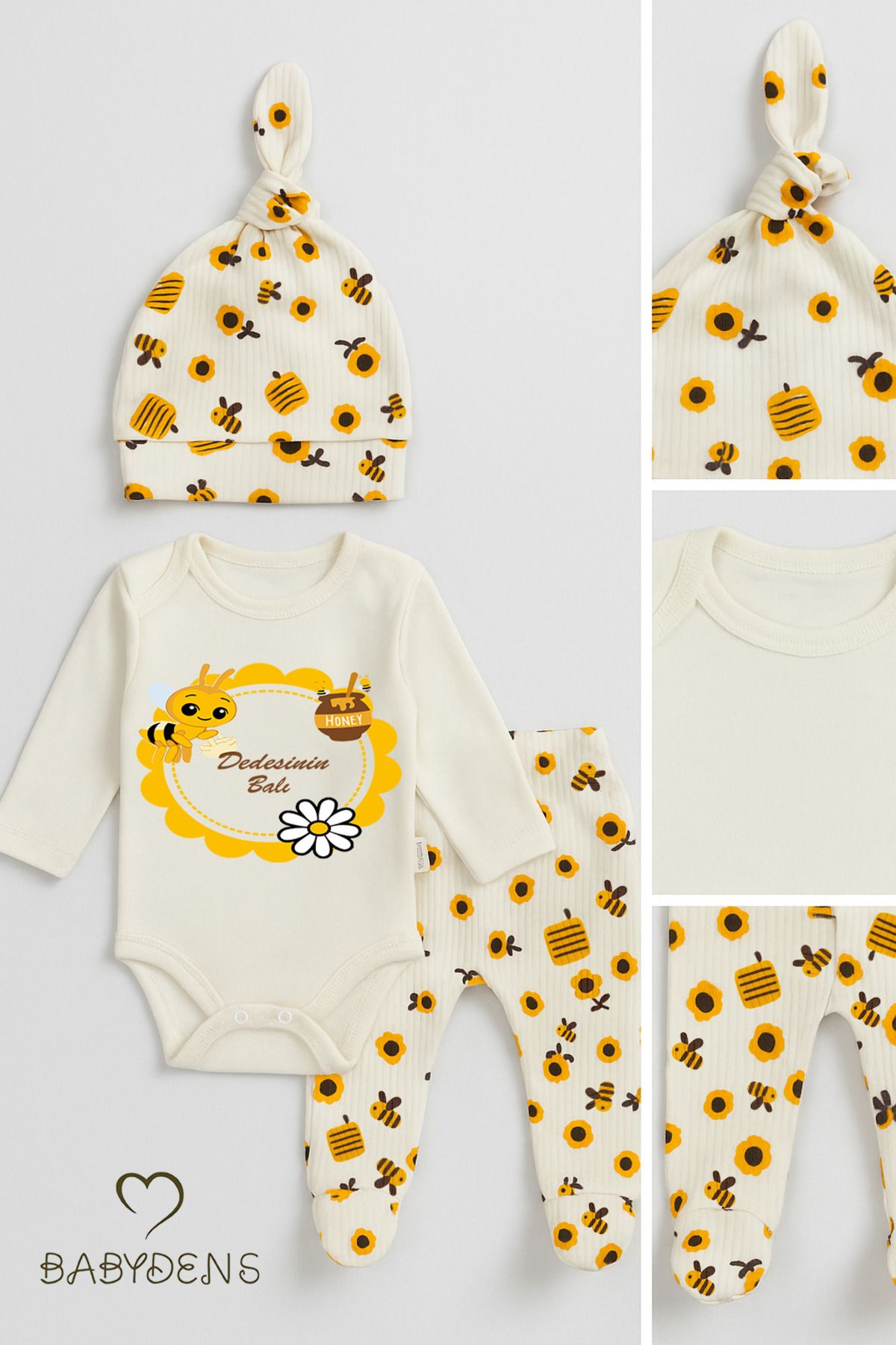 BABYDEN'S Dedesinin Balı Yazılı 3'lü Yenidoğan Takımı Arı Desenli Patikli Alt,Bere,Çıtçıtlı Uzun Kollu Zıbın