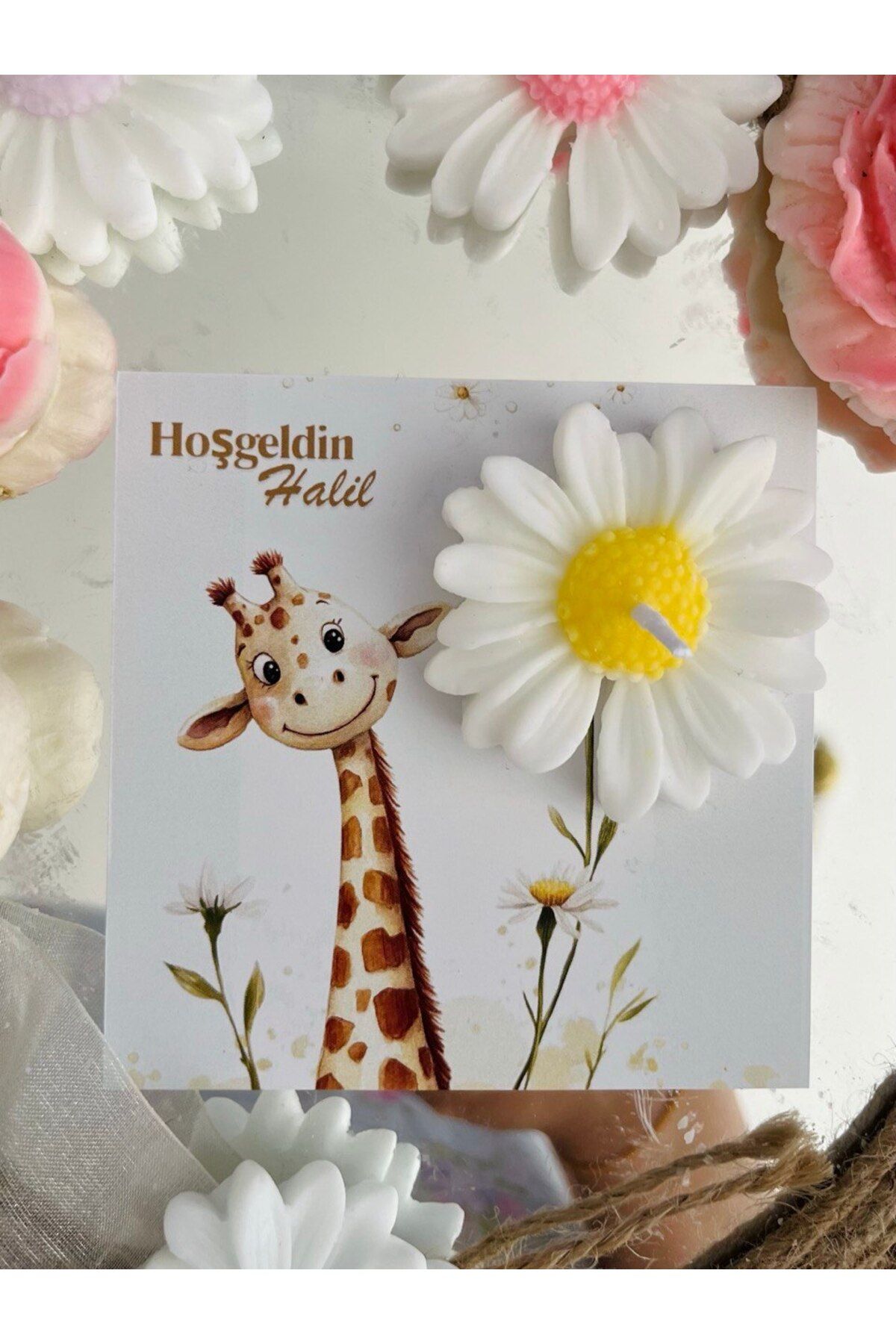GUGES 10 Adet Özel Tasarlanmış Kart Ve Papatya Mum. Bebek Doğum, Babyshower, Doğum Günü, Hediyelik