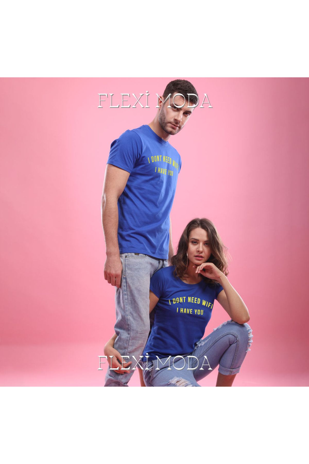 Hunors Sportswear & Company Better Than WiFi (Blue), Couples Temalı Sevgili Çift Kombini Oversize 2'li Tişört