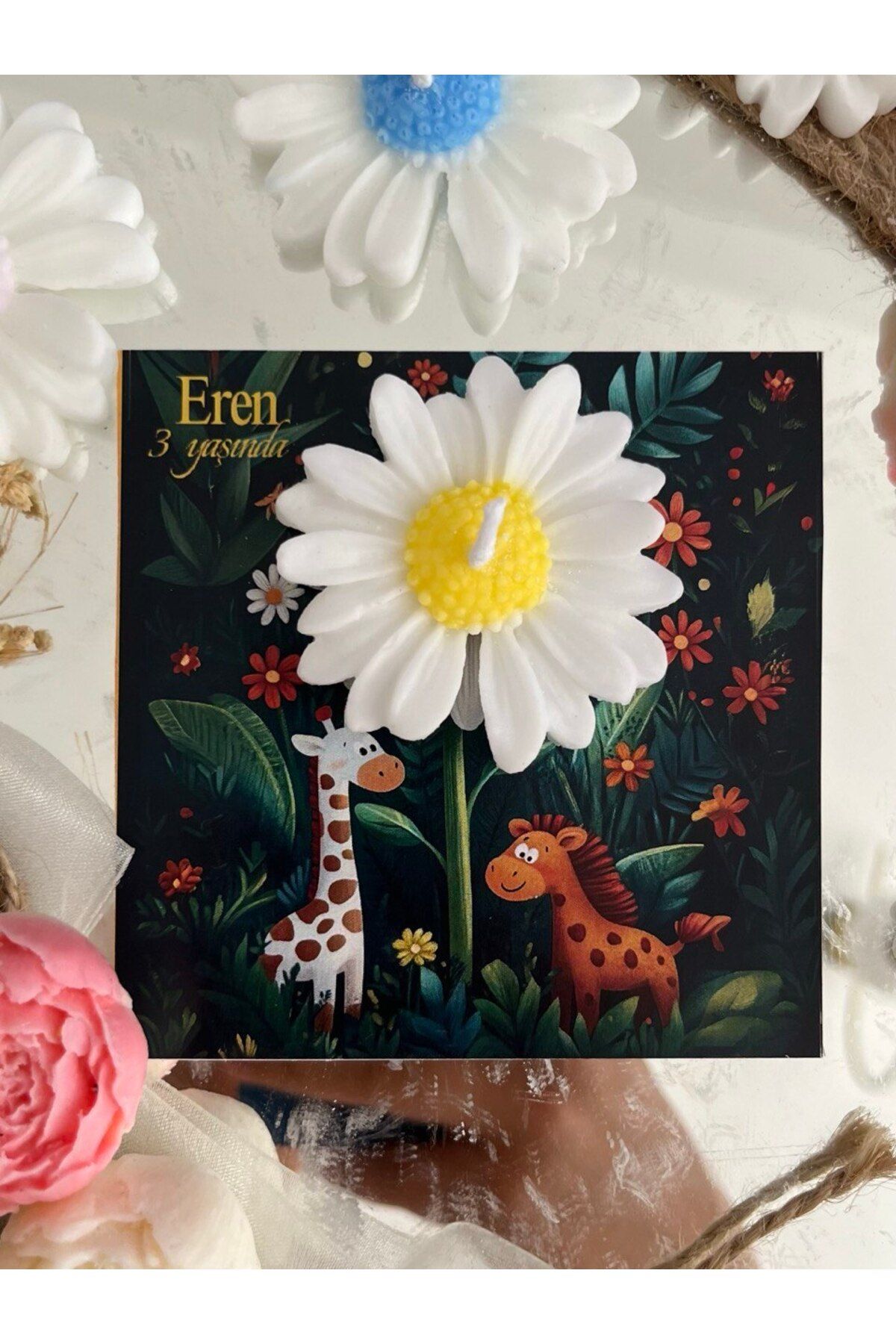 GUGES 10 Adet Özel Tasarlanmış Kart Ve Papatya Mum. Bebek Doğum, Babyshower, Doğum Günü, Hediyelik