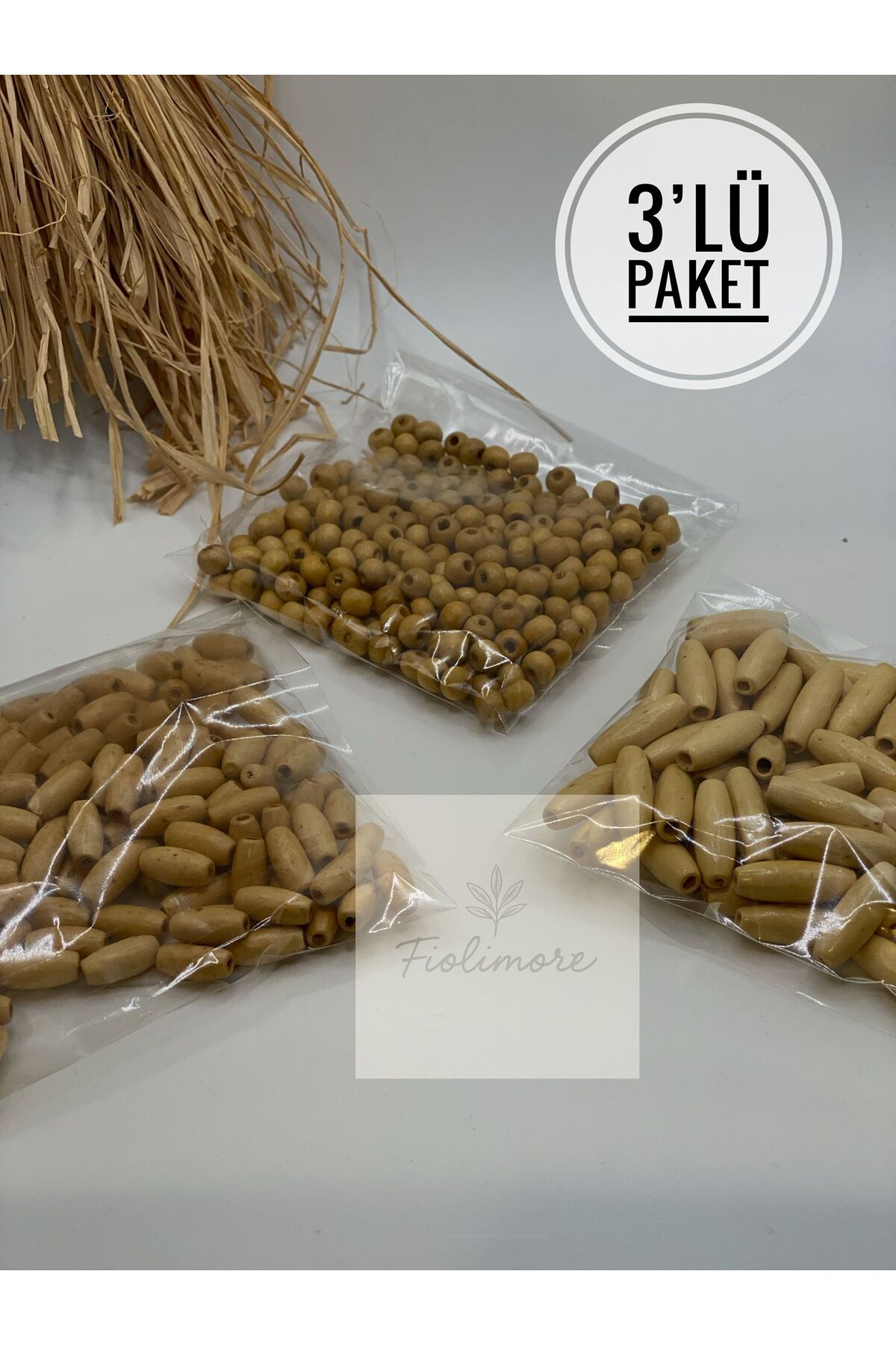 Fiolimore İthal Arpa Ve Yuvarlak Ahşap Tahta Boncuk Seti Anahtarlık Makrome Çanta Takı 3lü Paket