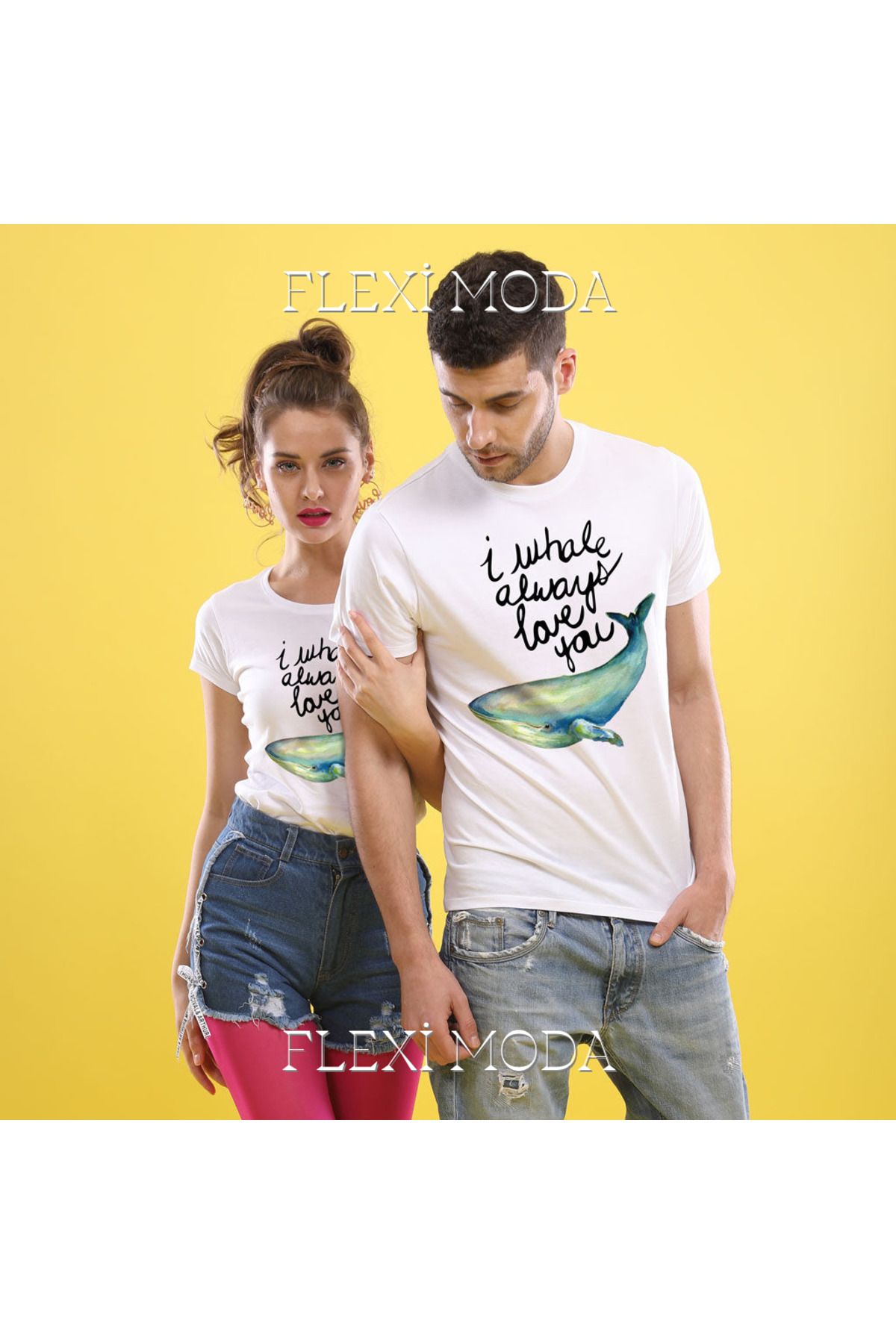 Hunors Sportswear & Company I Whale Always Love You Yazılı Sevgili Çift Kombini Oversize 2'li Tişört