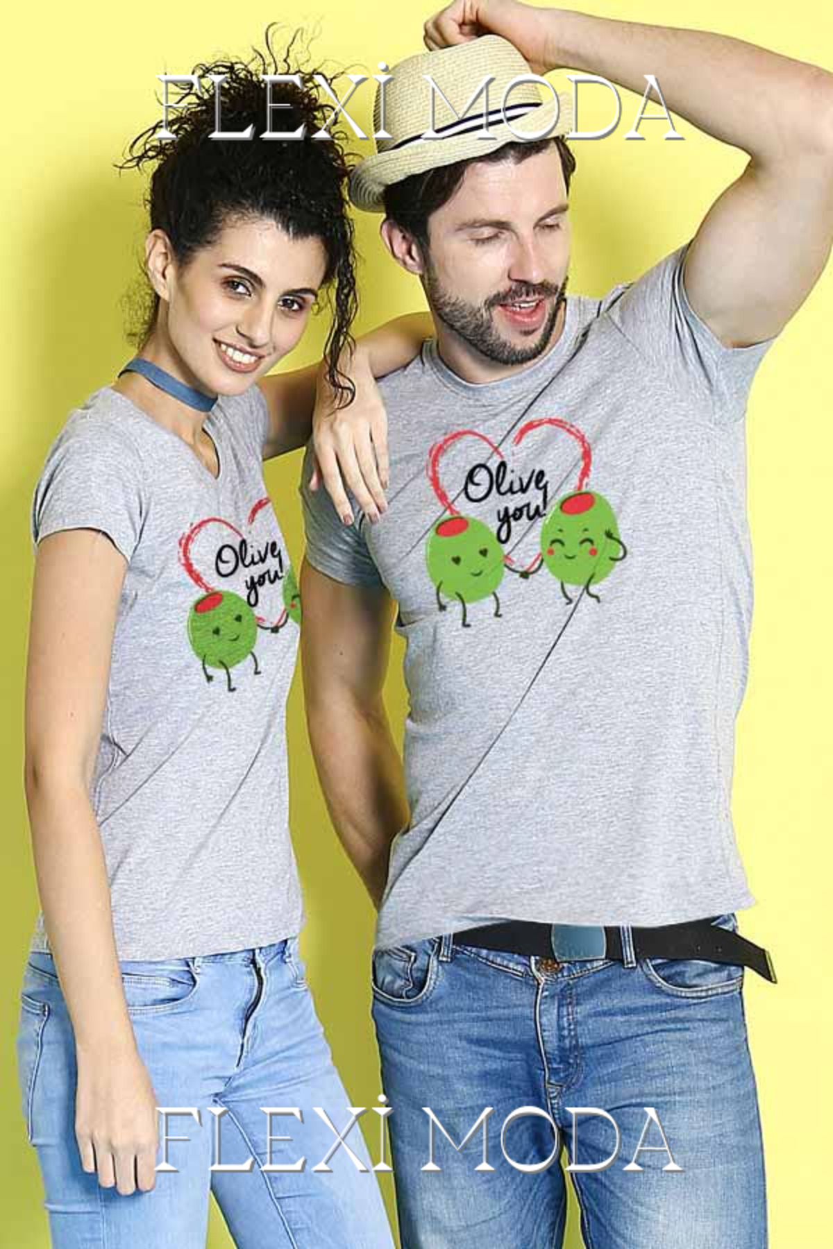 Hunors Sportswear & Company Olive You Combo Tee Yazılı Sevgili Çift Kombini Oversize 2'li Tişört