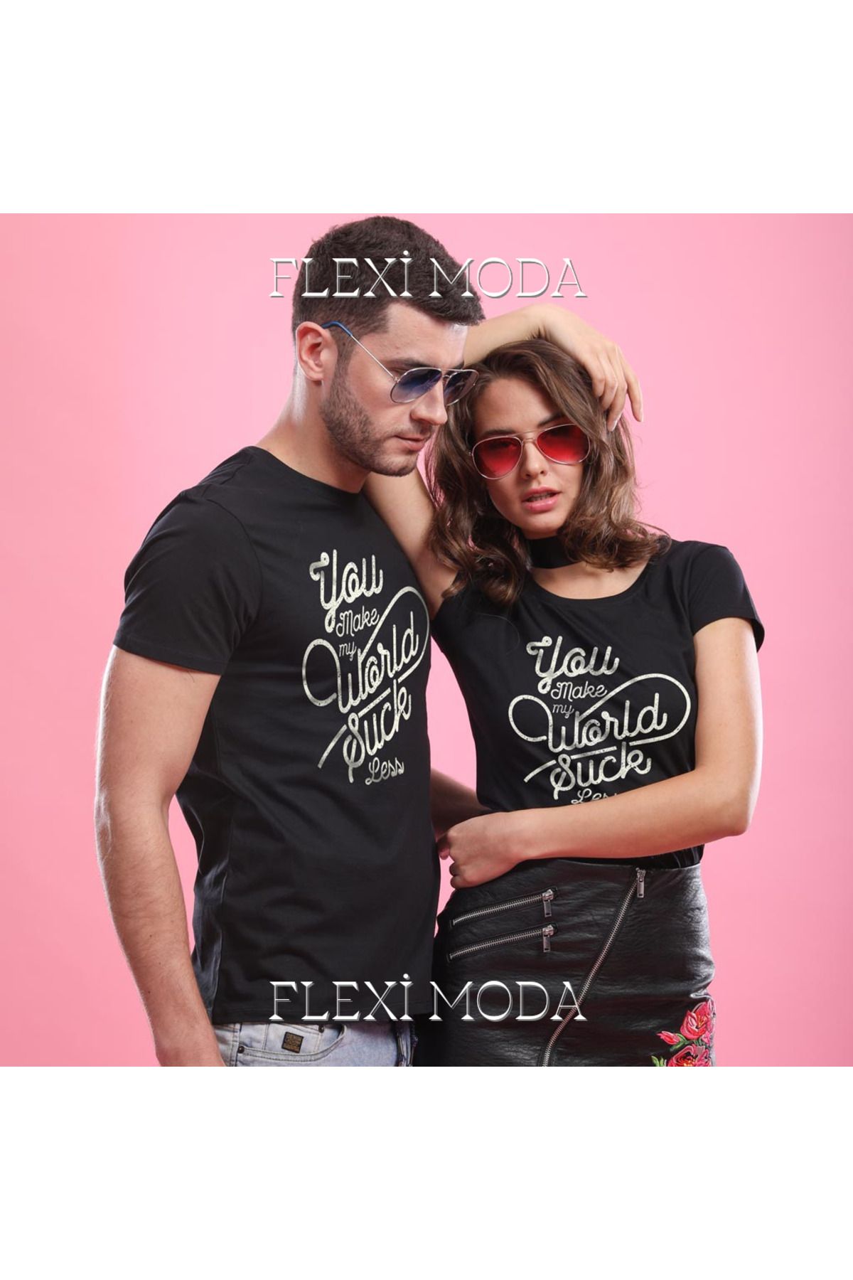 Hunors Sportswear & Company You Make My World Better, (Black) Couples Yazılı Sevgili Çift Kombini Oversize 2'li Tişört