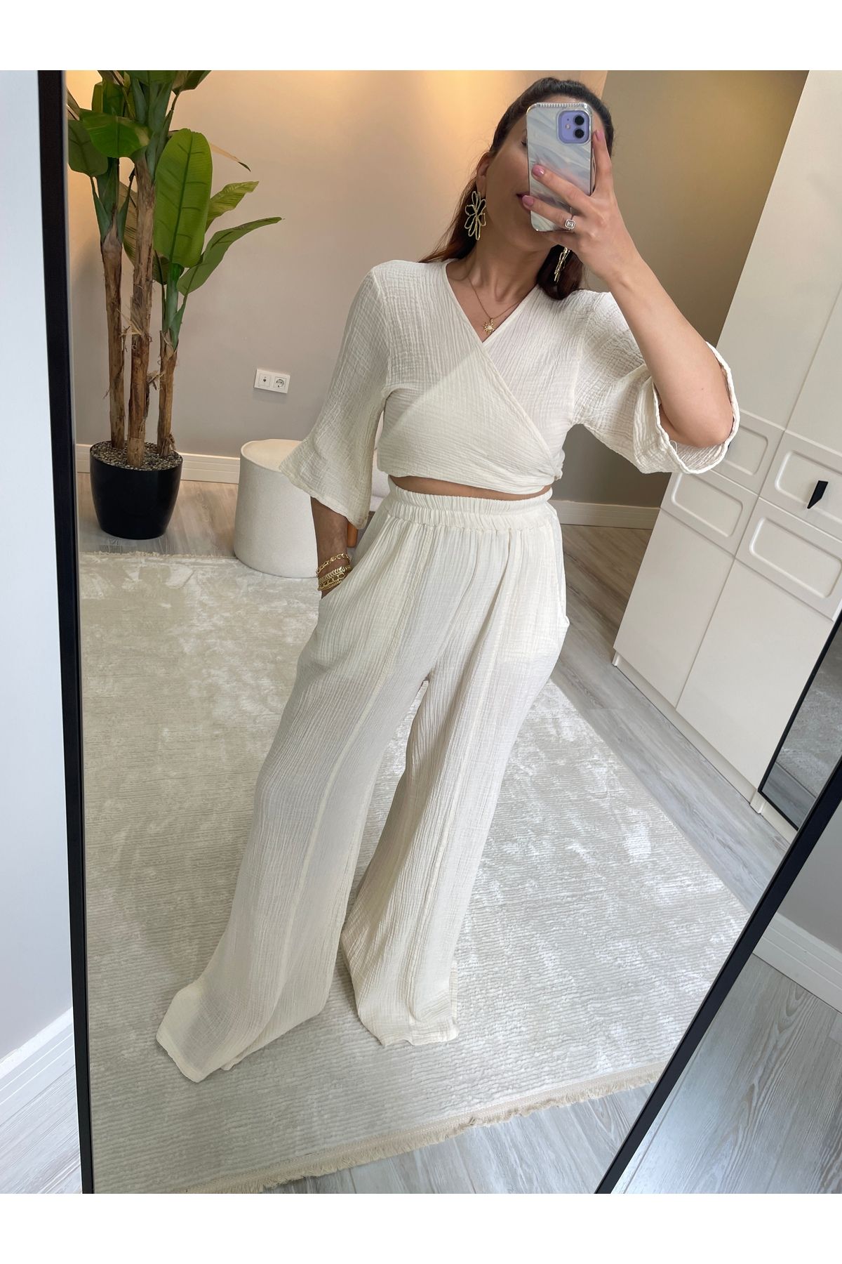 ChicAura Müslin Kumaş Bağlama Detaylı Crop Bluz-Pantolon Yazlık İkili Takım