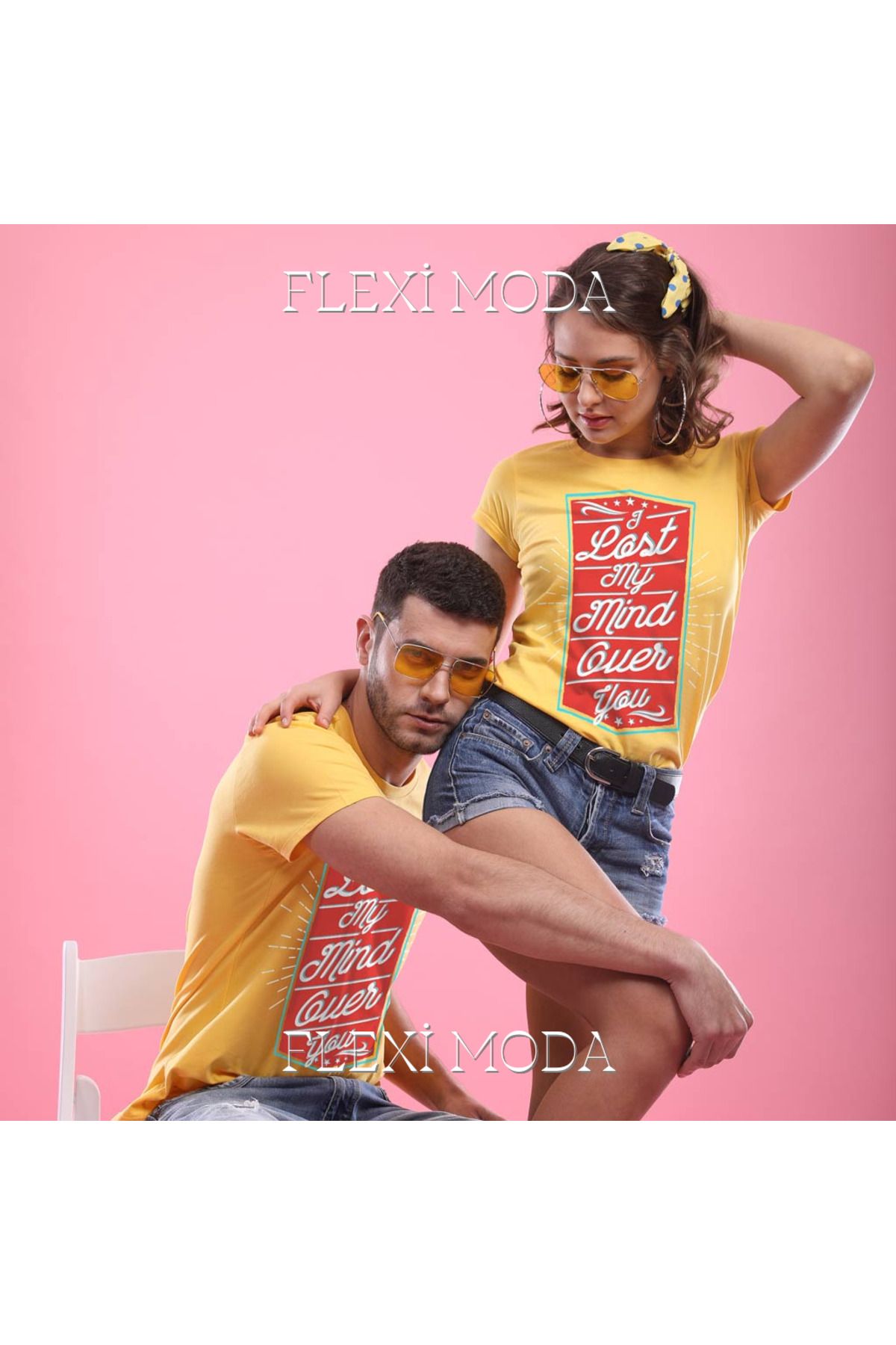 Hunors Sportswear & Company I've Lost My Mind, (Yellow) Couples Yazılı Sevgili Çift Kombini Oversize 2'li Tişört