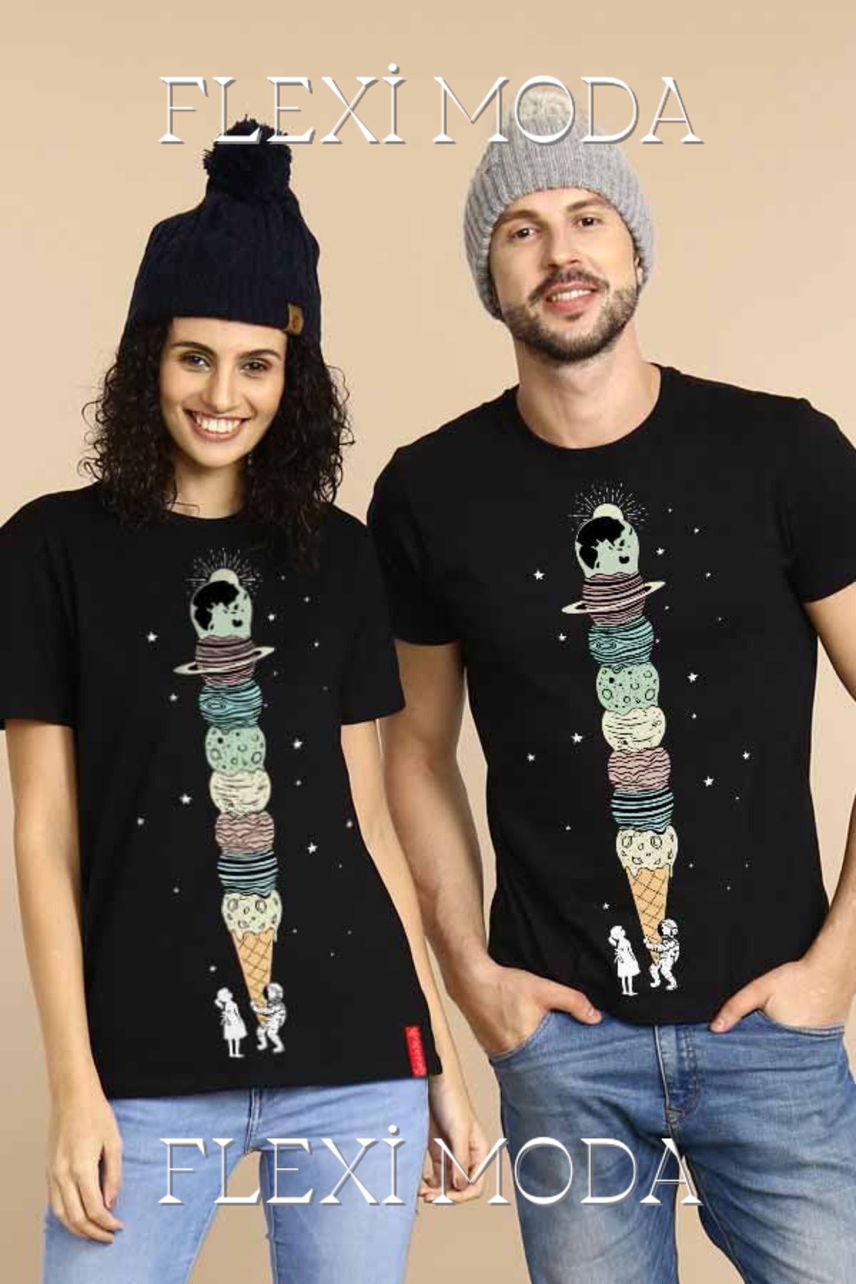 Hunors Sportswear & Company Planets On Icecream Temalı Sevgili Çift Kombini Oversize 2'li Tişört