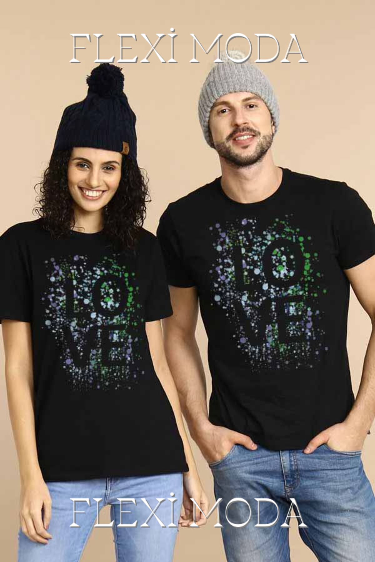 Hunors Sportswear & Company Love Splash Yazılı Sevgili Çift Kombini Oversize 2'li Tişört