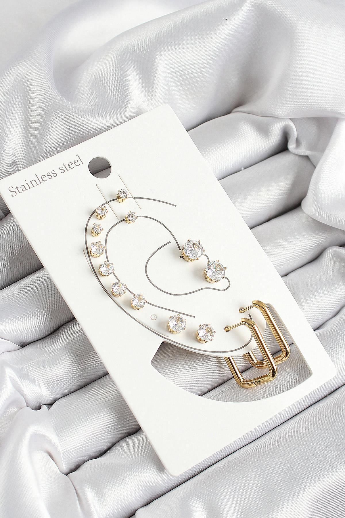 prativas 316L Çelik Dikdörtgen Figürlü Ve Zirkon Taşlı Gold Renk 7li Çift Kadın Küpe Set