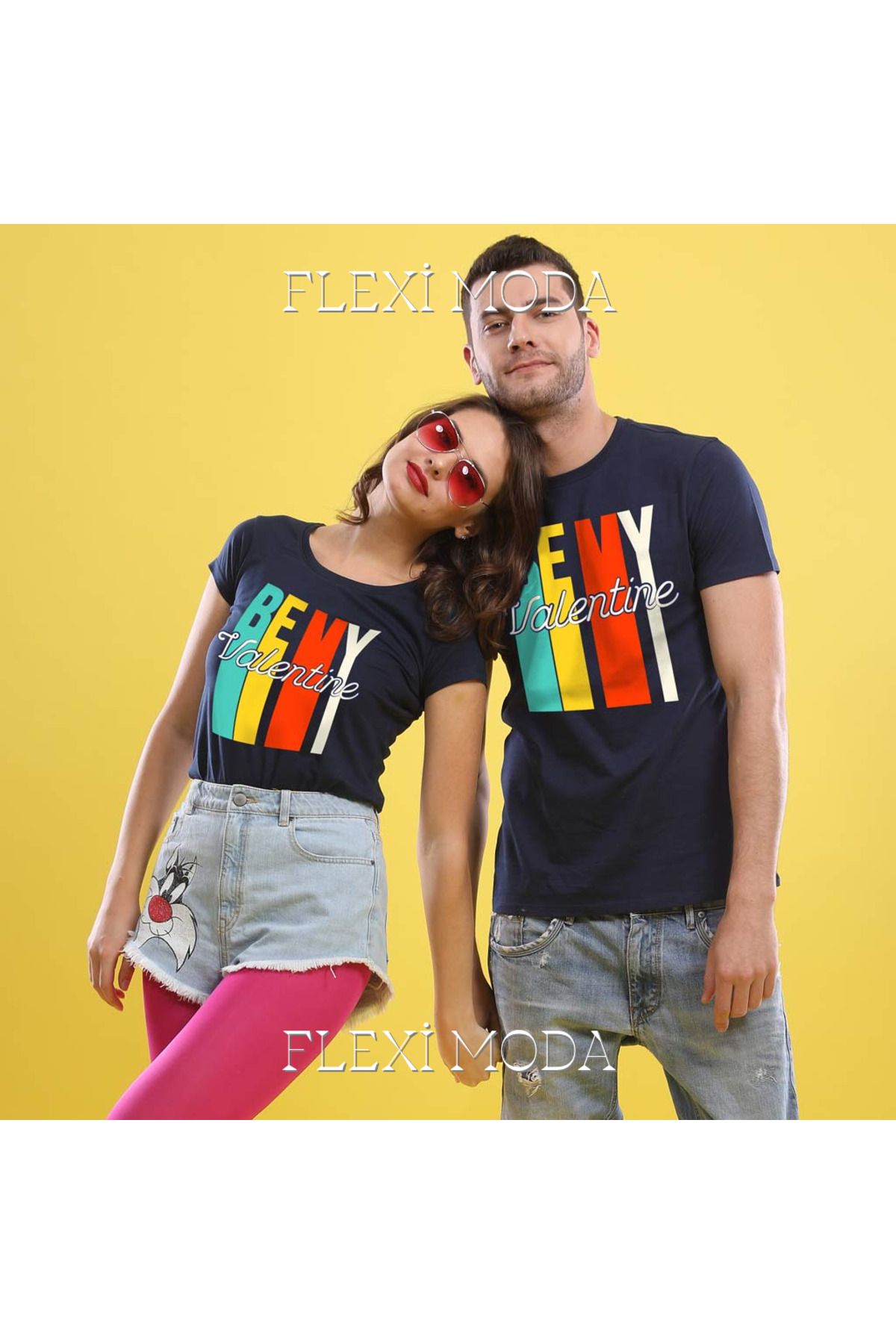 Hunors Sportswear & Company Be My Valentine! (Navy Blue) Couples Yazılı Sevgili Çift Kombini Oversize 2'li Tişört