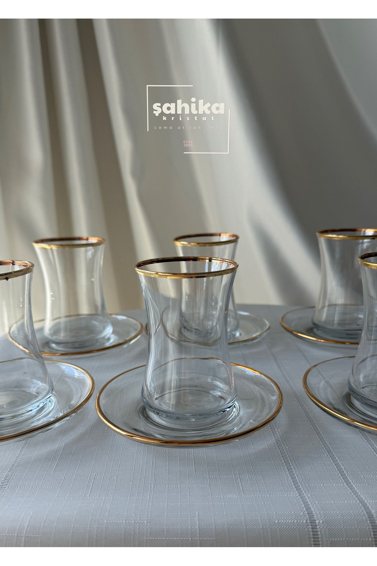 Şahika Kristal cama atılan imza 12 Parça Vera Gold Yaldızlı Çay Seti