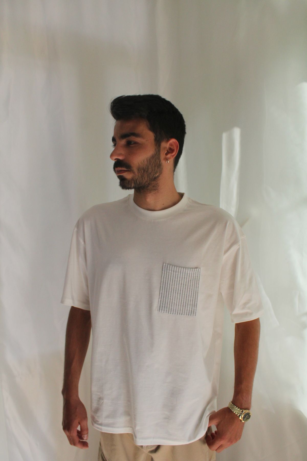 Modontik Erkek Cep Detaylı Beyaz Kısa Kollu Oversize T-shirt