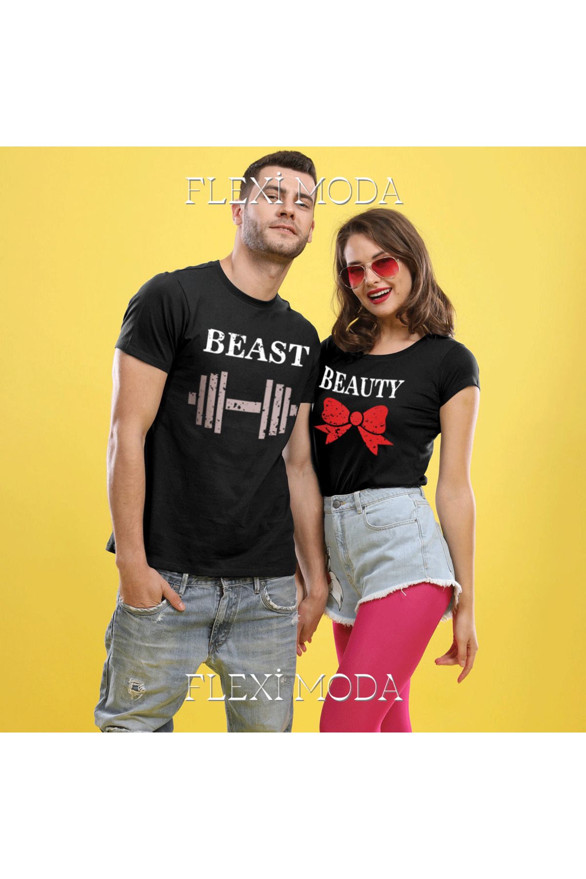 Hunors Sportswear & Company Beauty and Beast, Yazılı Sevgili Çift Kombini Oversize 2'li Tişört